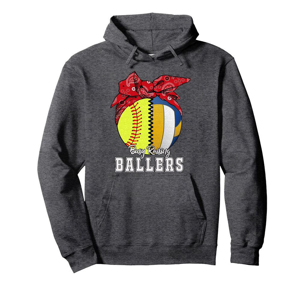 Busy Raising Ballers Softball Volleyball Hoodie - Unique Graphic Unisex - T-Shirt, Sweatshirt, Hoodie