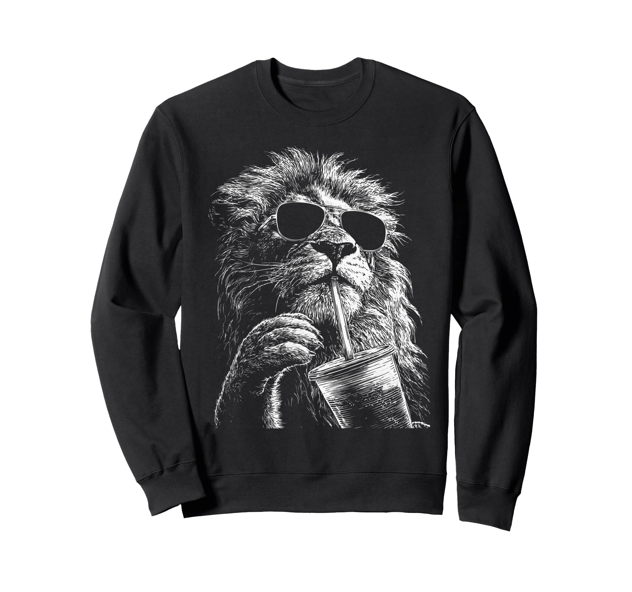 Lion Drinking Iced Coffee Funny Sweatshirt - Minimalist Print for Adults - T-Shirt, Sweatshirt, Hoodie
