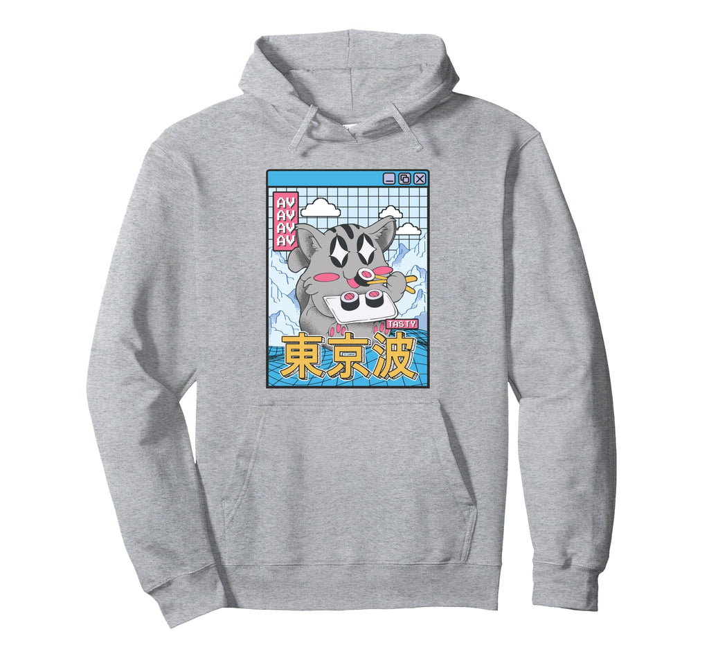 Happy Cat Eating Sushi Vaporwave Hoodie - Fun Novelty Design Men Women - T-Shirt, Sweatshirt, Hoodie