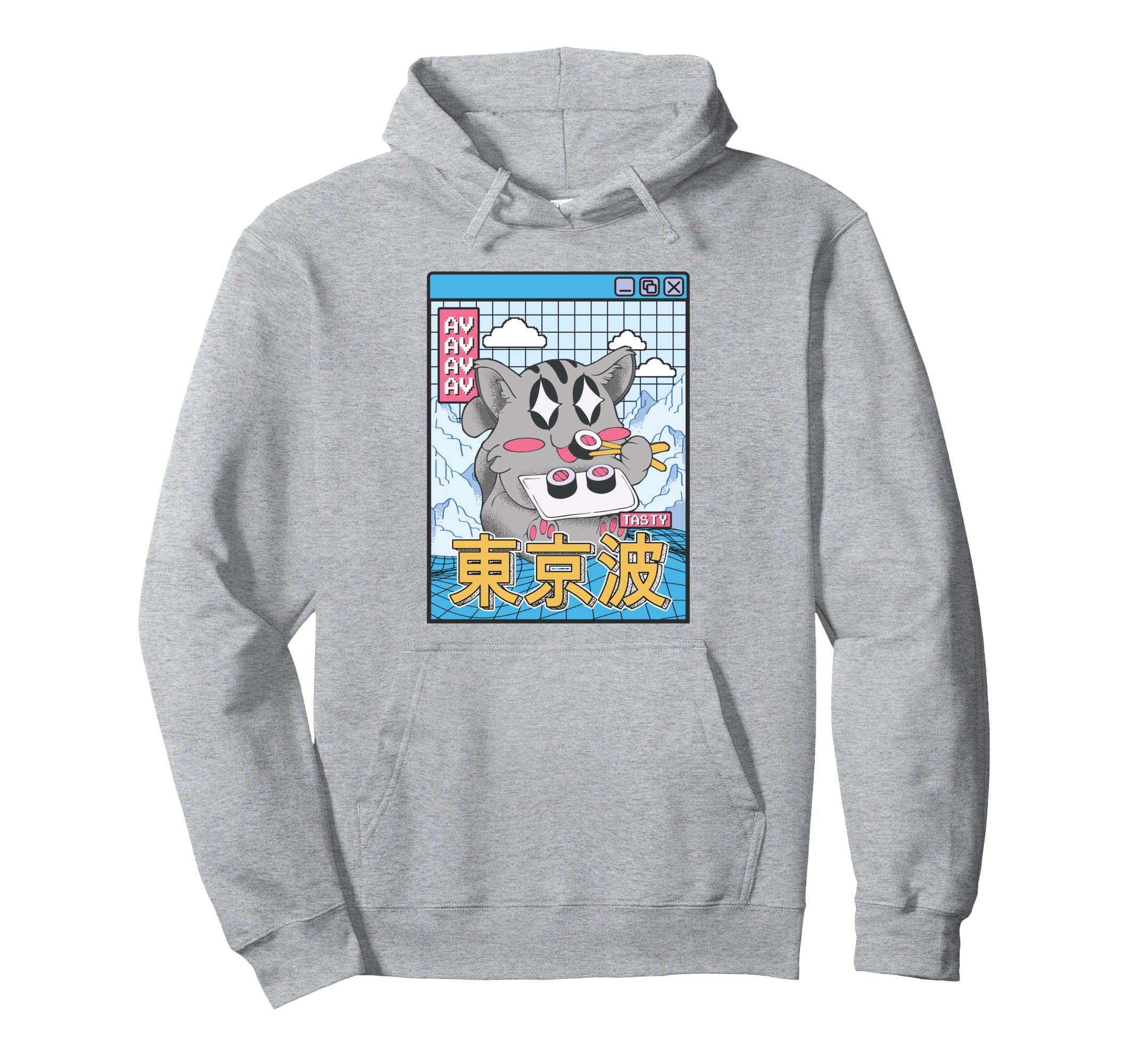 Happy Cat Eating Sushi Vaporwave Hoodie - Fun Novelty Design Men Women - T-Shirt, Sweatshirt, Hoodie