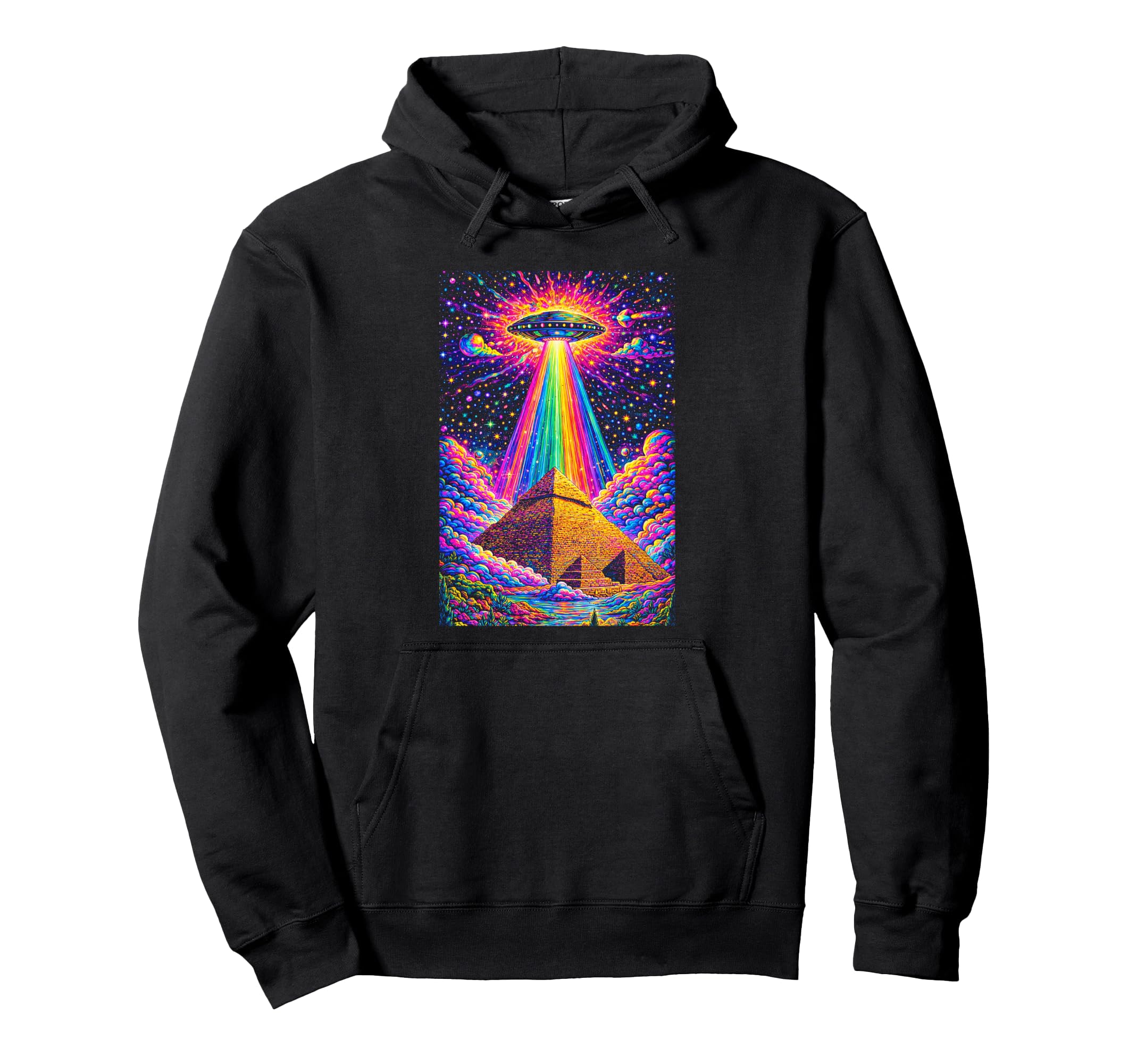 Psychedelic Ufo Abduction Pyramid Hoodie - Casual Everyday Wear for Adults - T-Shirt, Sweatshirt, Hoodie