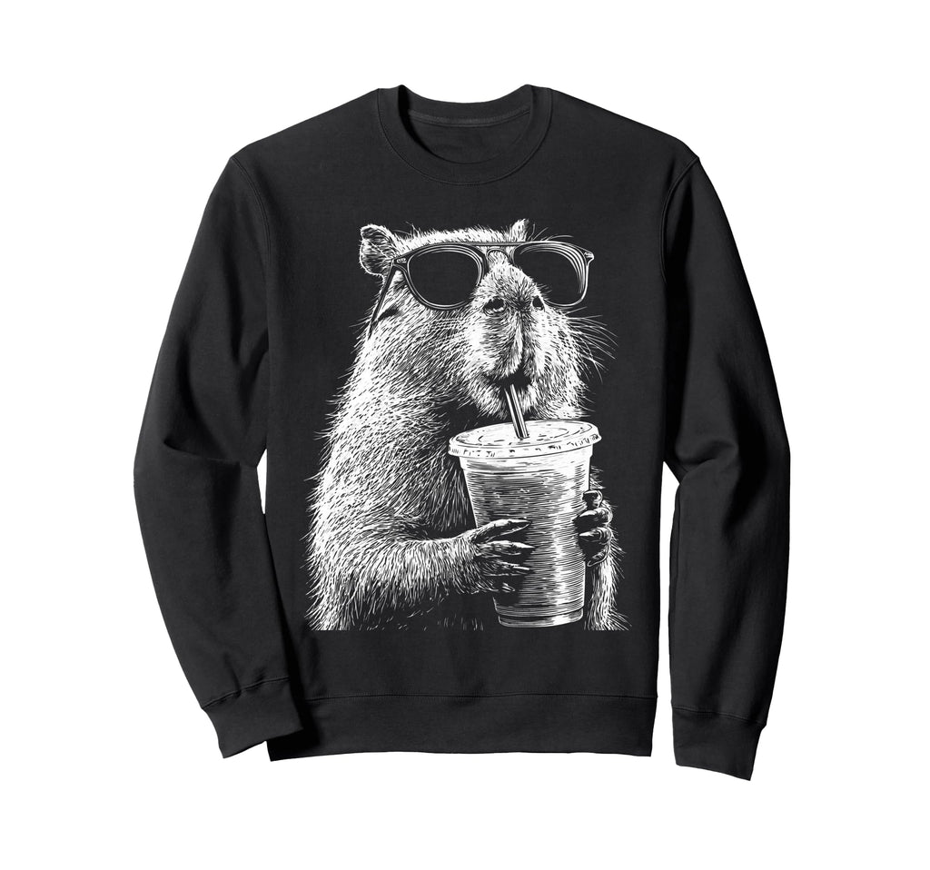Capybara Drinking Iced Coffee Funny Sweatshirt - Graphic Print Unisex - T-Shirt, Sweatshirt, Hoodie