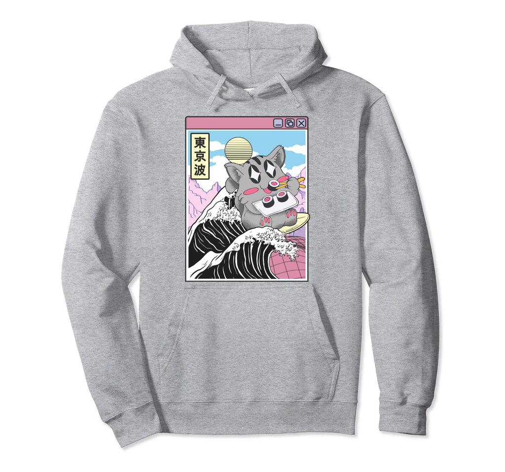Cat Eating Sushi Surfing Kanagawa Wave Hoodie - Novelty Apparel for Adults - T-Shirt, Sweatshirt, Hoodie