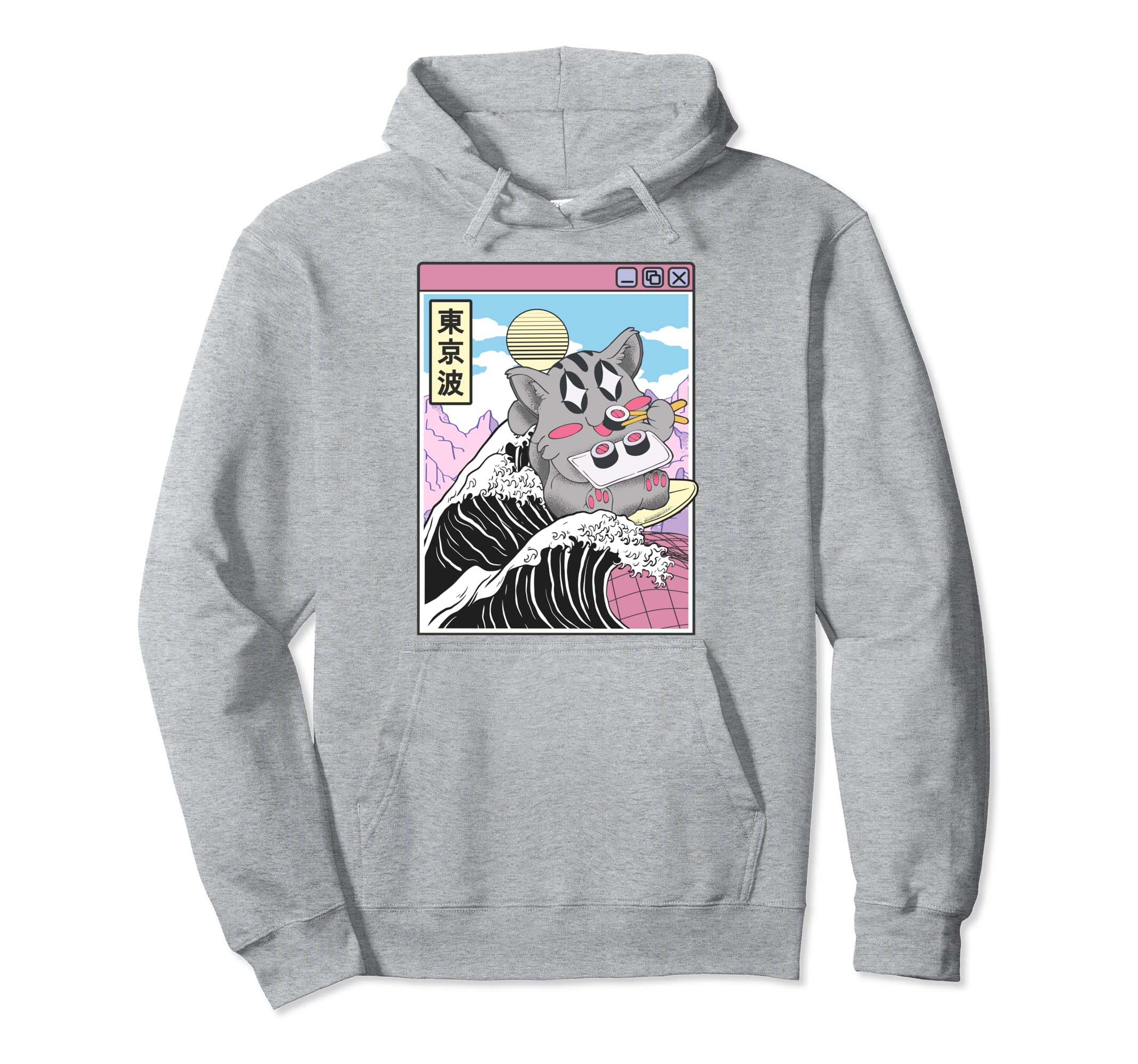 Cat Eating Sushi Surfing Kanagawa Wave Hoodie - Novelty Apparel for Adults - T-Shirt, Sweatshirt, Hoodie