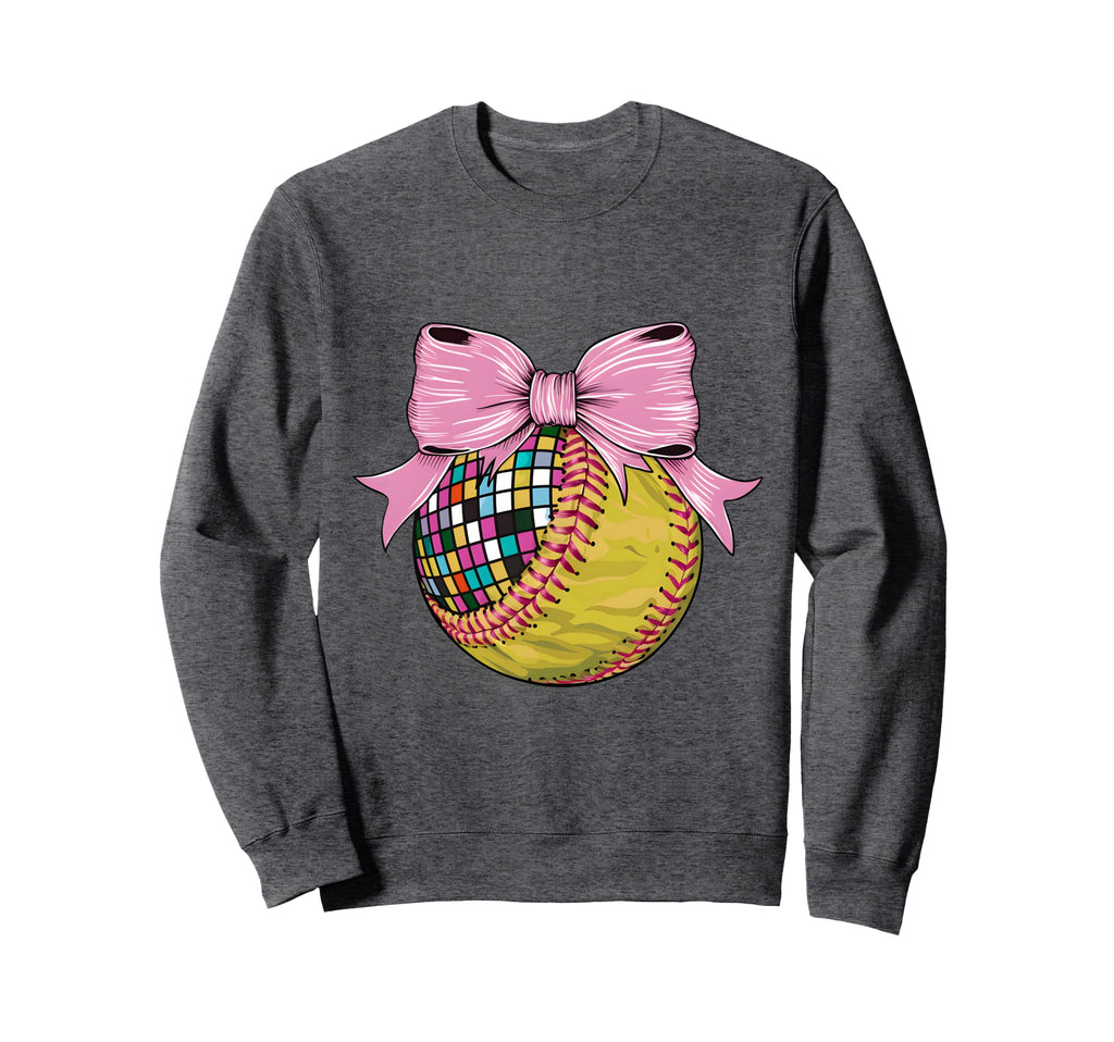 Coquette Bow Disco Ball Softball Sweatshirt - Aesthetic Graphic for Adults - T-Shirt, Sweatshirt, Hoodie