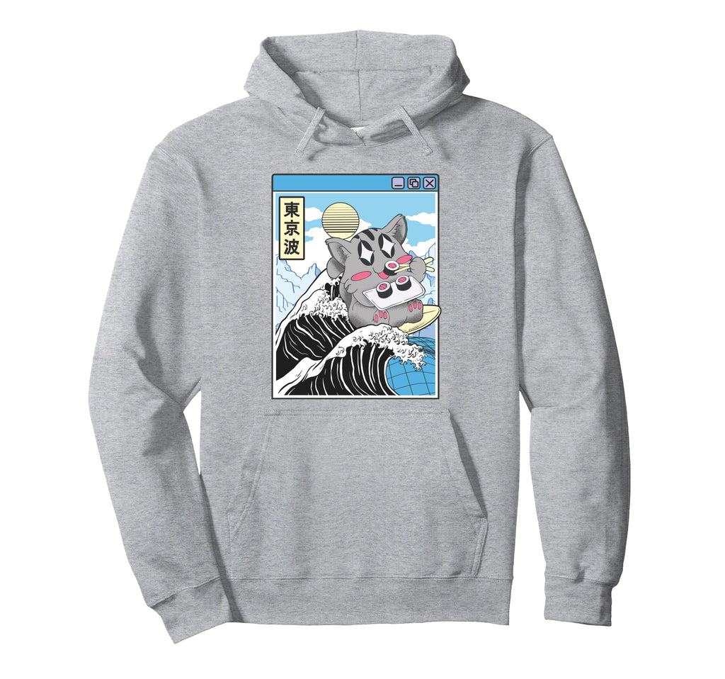 Cat Eating Sushi Surfing Kanagawa Hoodie - Casual Everyday Wear Unisex - T-Shirt, Sweatshirt, Hoodie