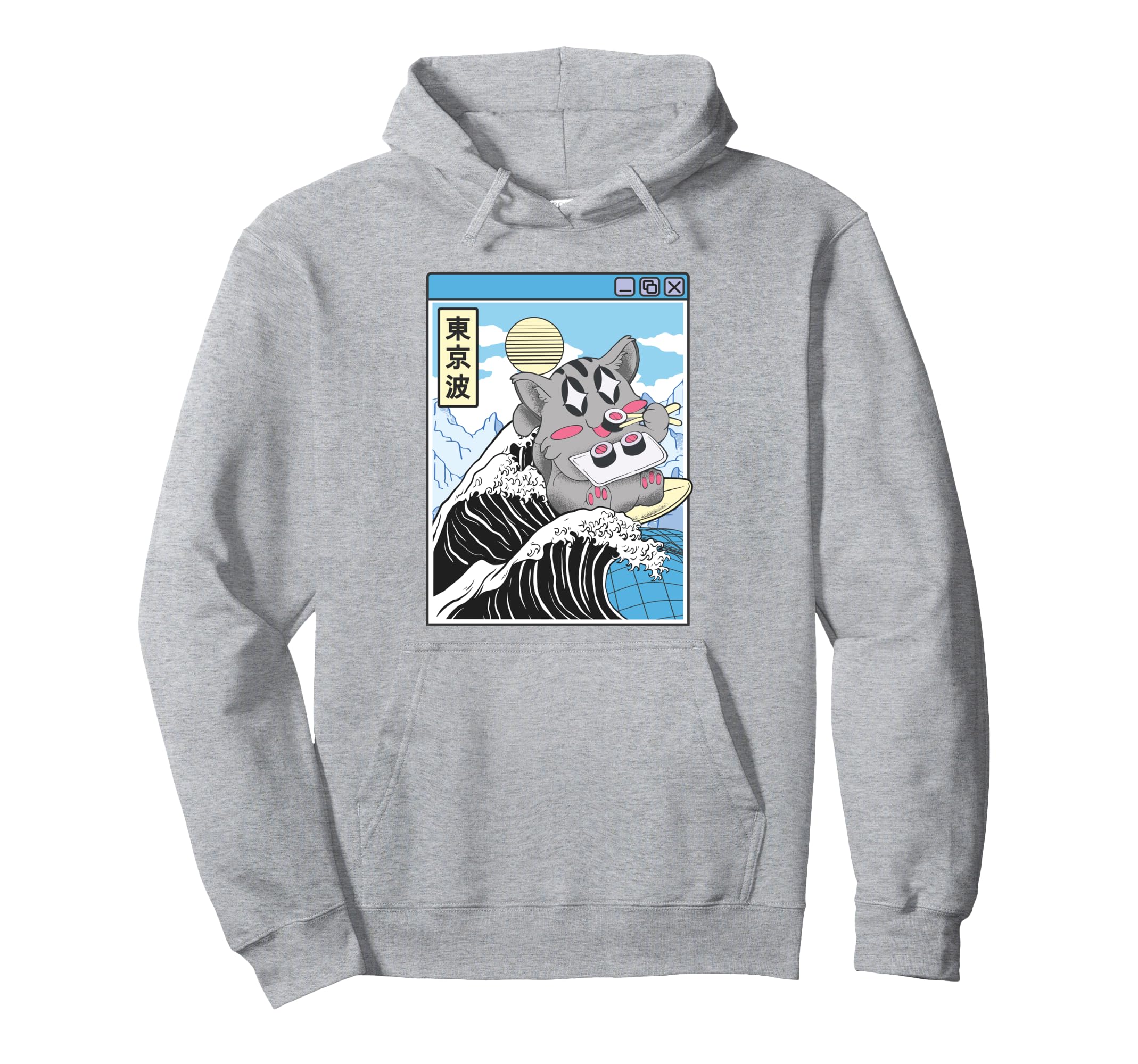 Cat Eating Sushi Surfing Kanagawa Hoodie - Casual Everyday Wear Unisex - T-Shirt, Sweatshirt, Hoodie