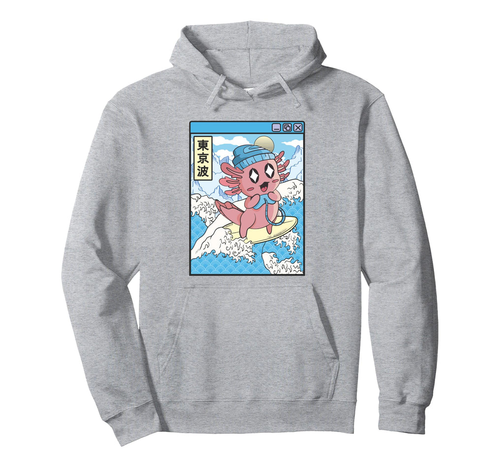 Gaming Axolotl Surfing Japanese Wave Hoodie - Unique Graphic Men Women - T-Shirt, Sweatshirt, Hoodie