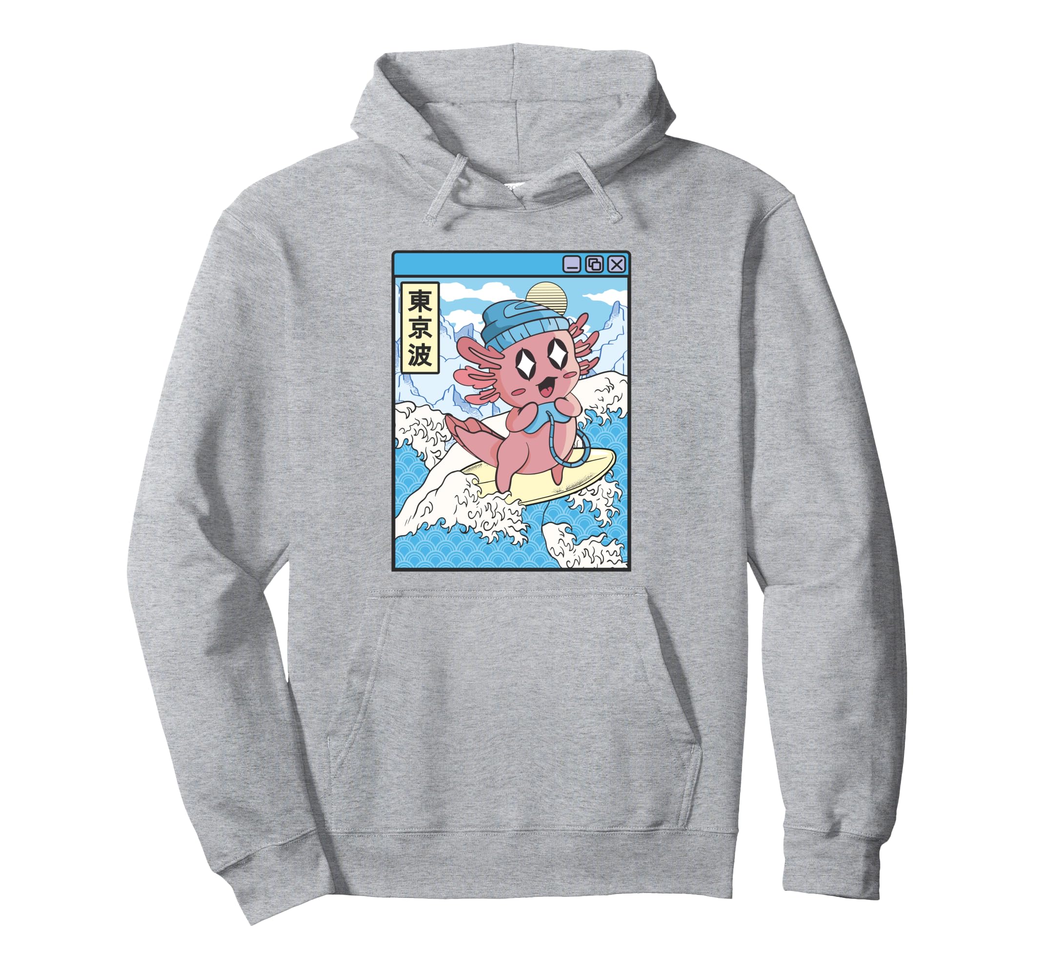 Gaming Axolotl Surfing Japanese Wave Hoodie - Unique Graphic Men Women - T-Shirt, Sweatshirt, Hoodie