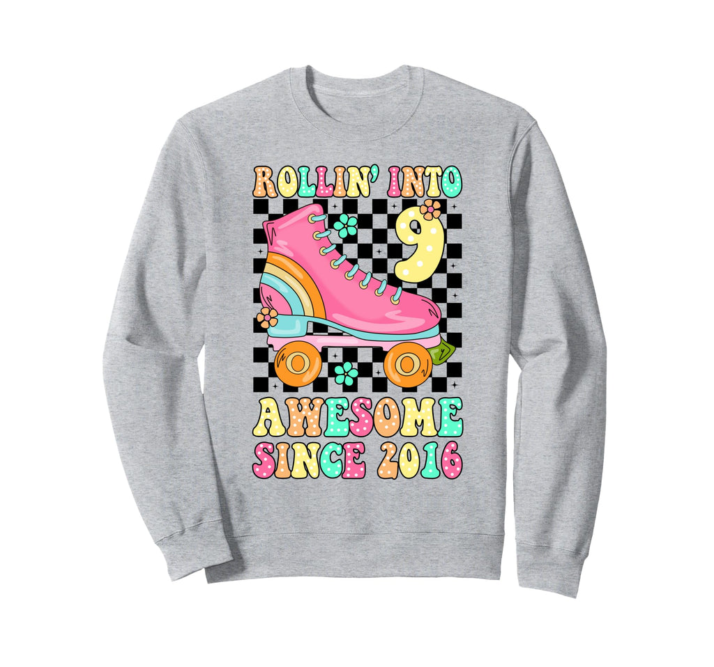 Rolling Into 9 Awesome Since Sweatshirt - Aesthetic Graphic for Adults - T-Shirt, Sweatshirt, Hoodie