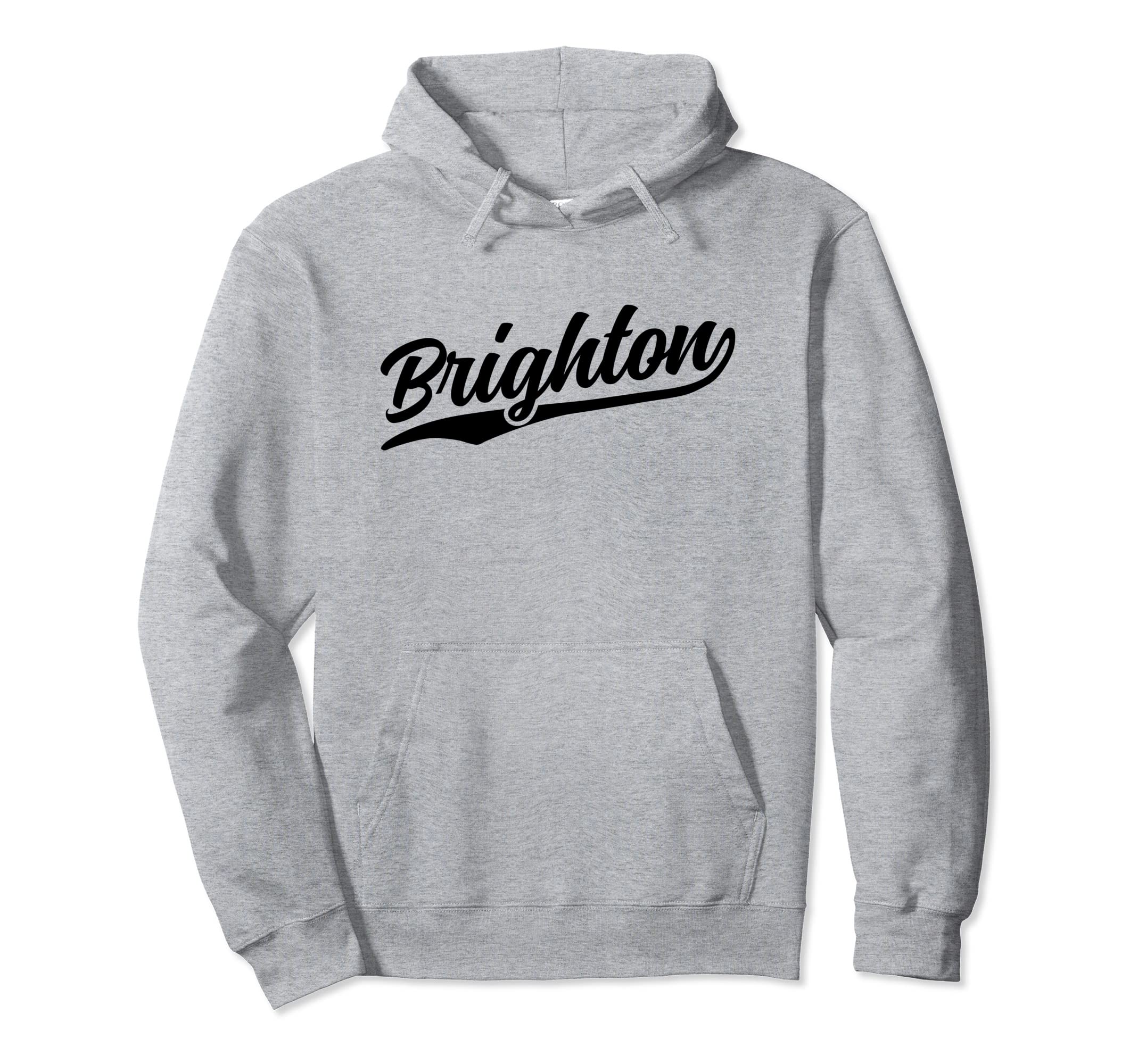 Brighton England Cursive 1970S Swoosh Hoodie - Trendy Graphic for Adults - T-Shirt, Sweatshirt, Hoodie