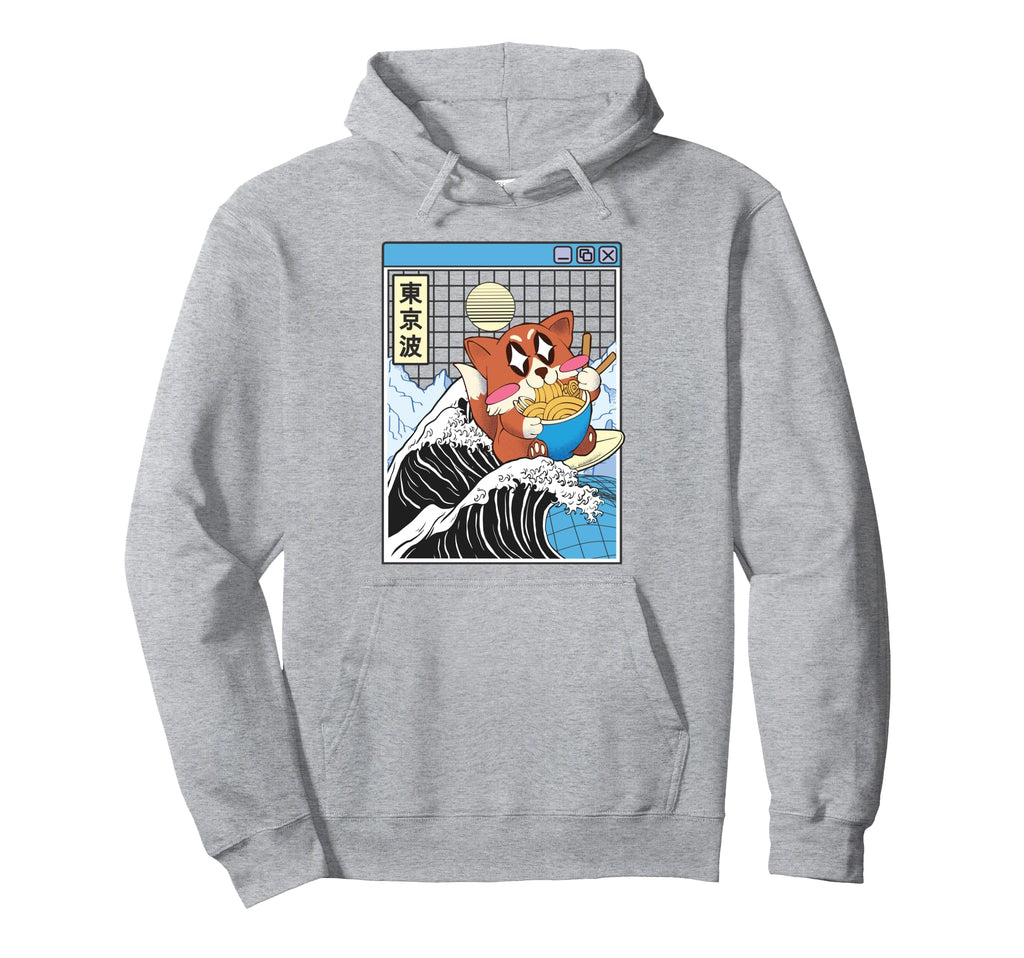 Fox Surfing Kanagawa Wave Kawaii Hoodie - Streetwear Style for Adults - T-Shirt, Sweatshirt, Hoodie