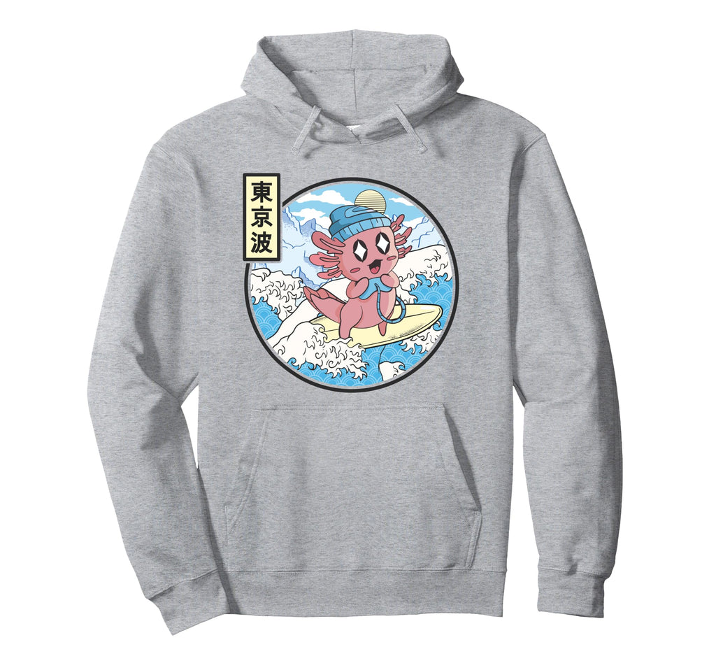 Gaming Axolotl Surfing Japanese Wave Hoodie - Novelty Apparel for Adults - T-Shirt, Sweatshirt, Hoodie