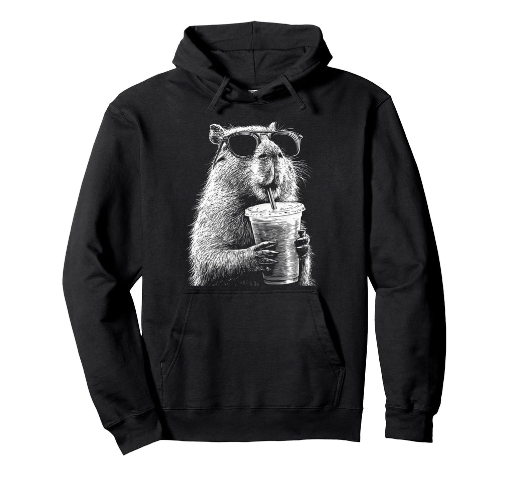 Capybara Drinking Iced Coffee Funny Hoodie - Aesthetic Graphic for Adults - T-Shirt, Sweatshirt, Hoodie
