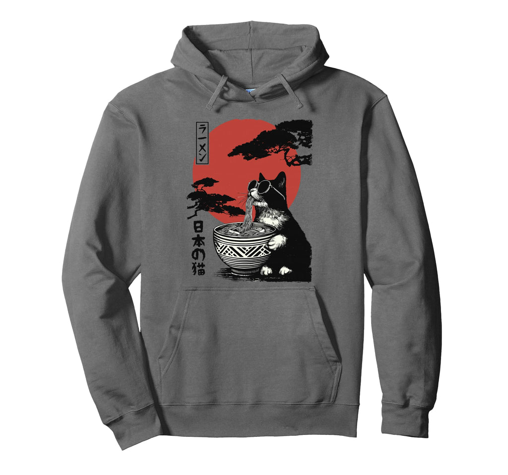 Anime Cat Eating Ramen Japanese Aesthetic Hoodie - Novelty Apparel Unisex - T-Shirt, Sweatshirt, Hoodie