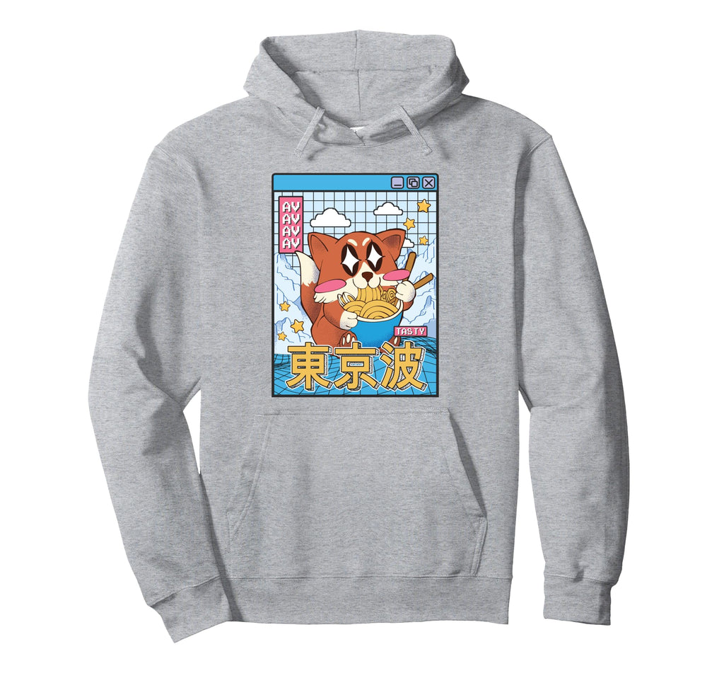 Happy Fox Eating Ramen Vaporwave Hoodie - Fun Novelty Design Unisex - T-Shirt, Sweatshirt, Hoodie