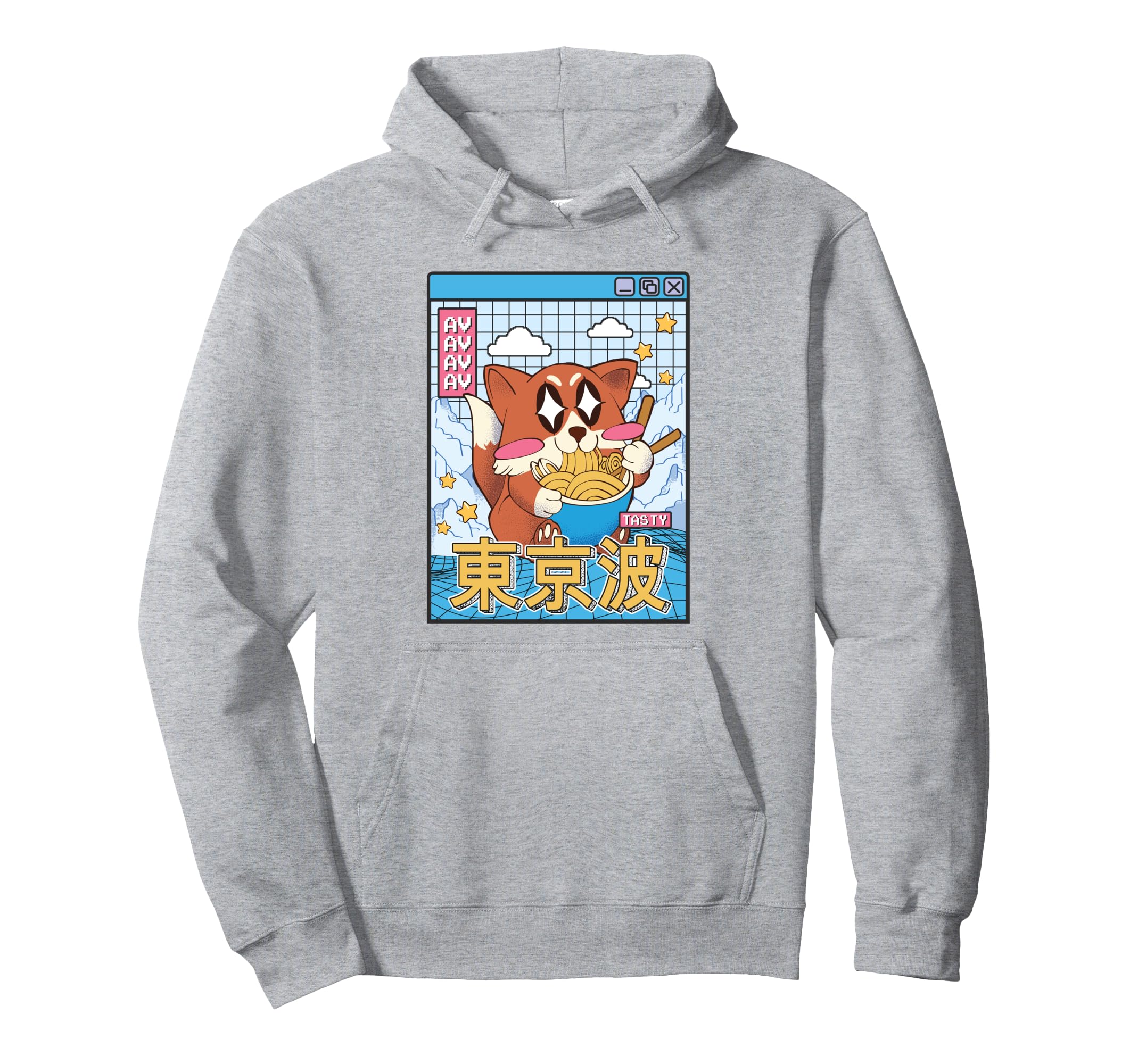 Happy Fox Eating Ramen Vaporwave Hoodie - Fun Novelty Design Unisex - T-Shirt, Sweatshirt, Hoodie