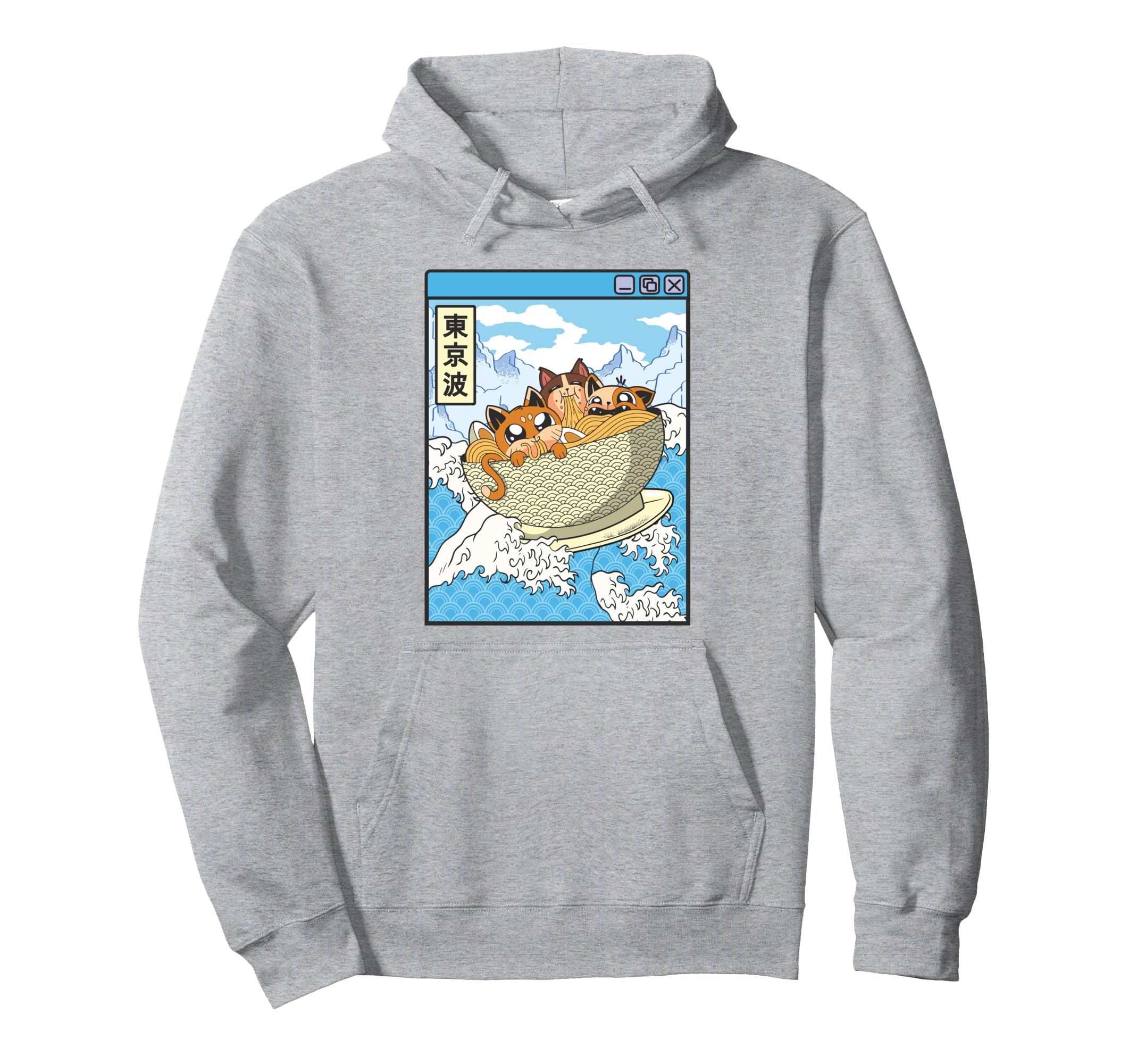 Surfing Cats Eating Ramen Bowl Japanese Hoodie - Graphic Print Men Women - T-Shirt, Sweatshirt, Hoodie