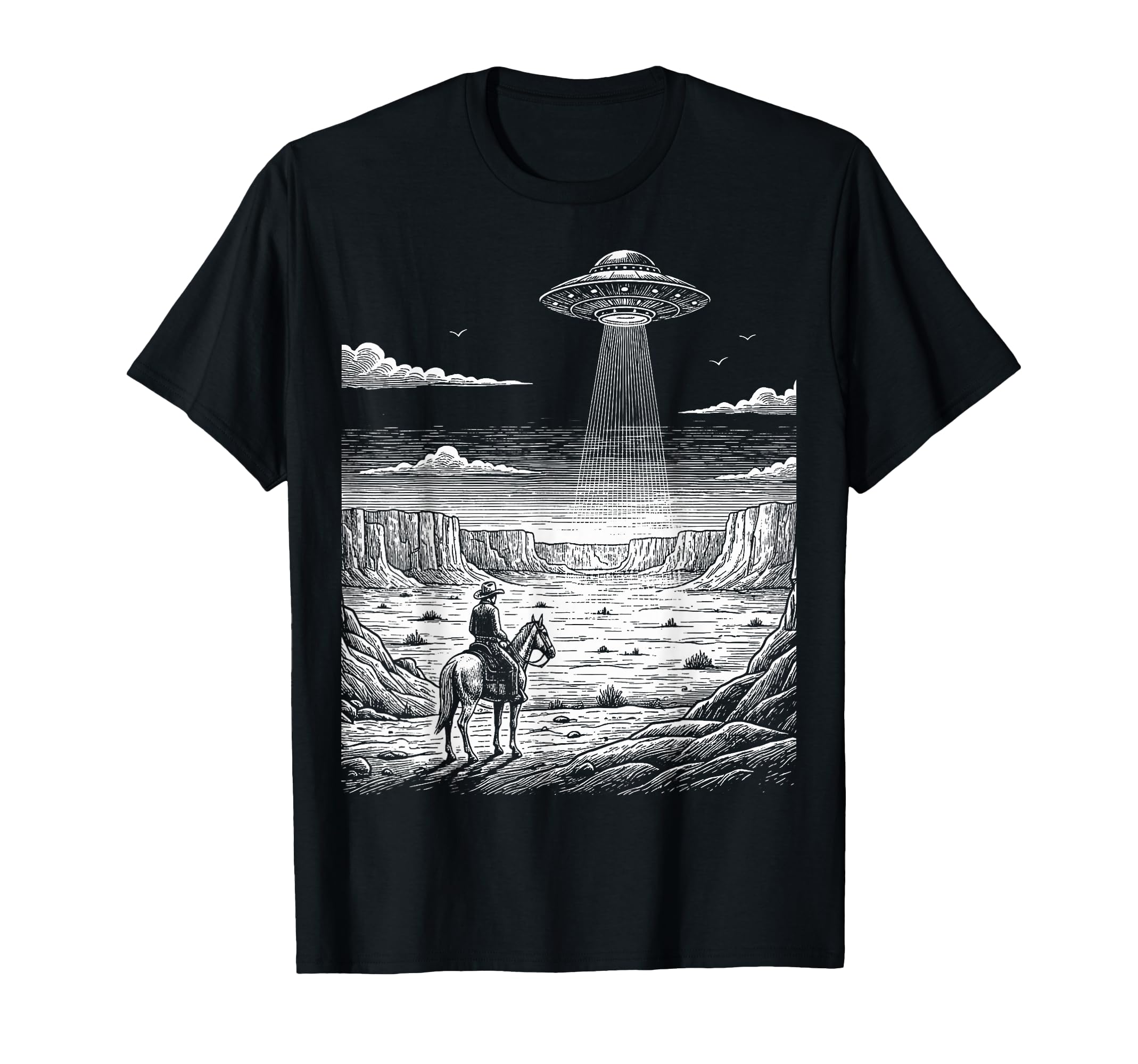 Cowboy Ufo Encounter Western Desert T-Shirt - Fun Novelty Design Men Women - T-Shirt, Sweatshirt, Hoodie