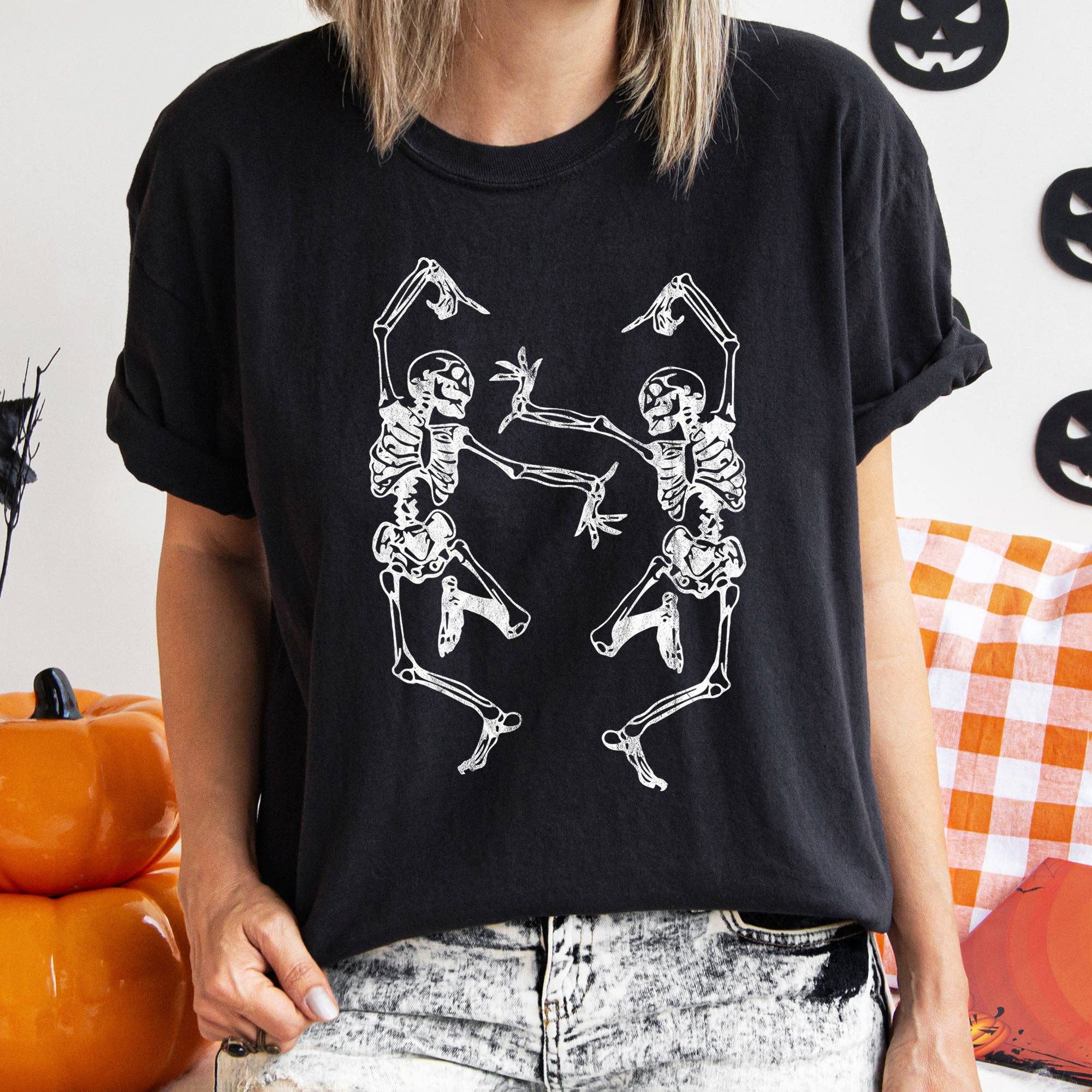 Dancing Skeletons Retro Halloween White Print - Adult & Kids T-Shirts, Sweatshirts & Hoodies apparel design preview 1