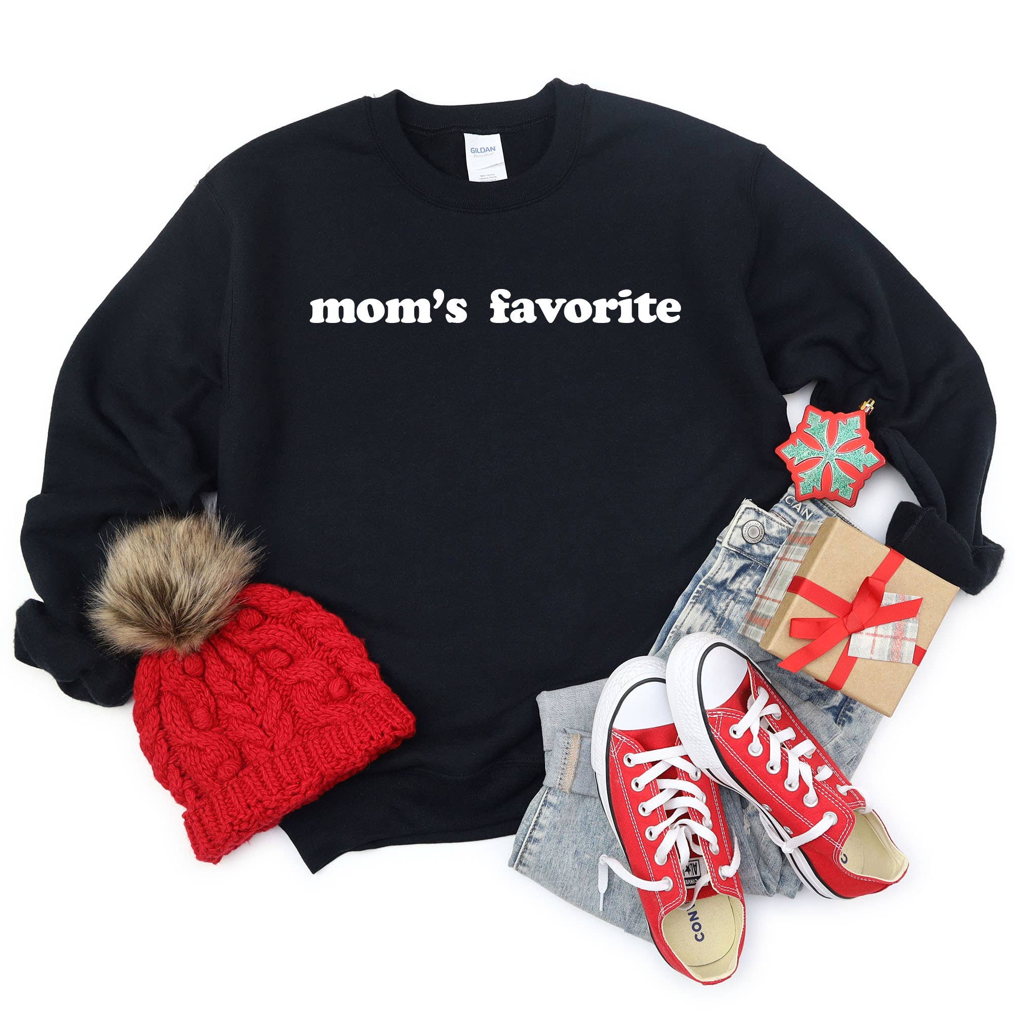 Mom's Favorite Funny Holiday Crewneck Black - Adult & Kids T-Shirts, Sweatshirts & Hoodies apparel design preview 1