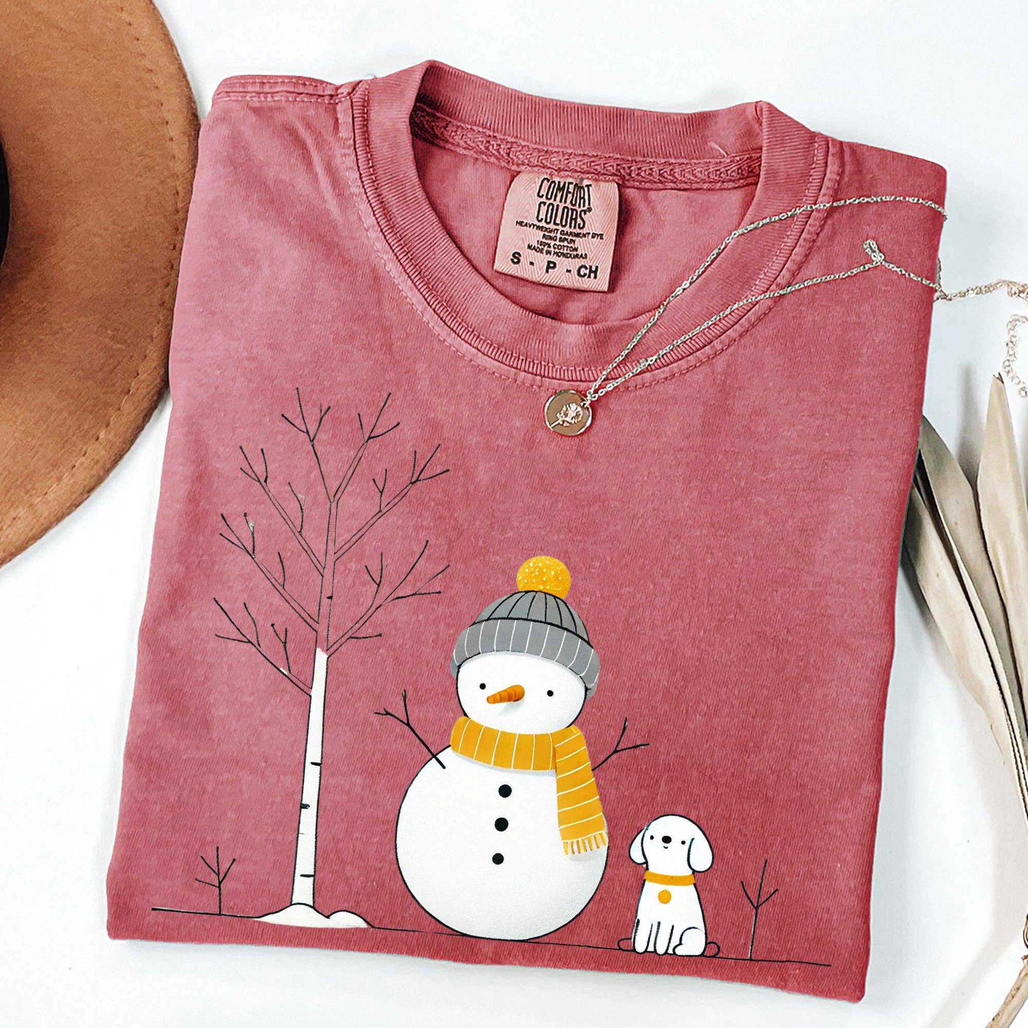 Snowman and Dog, Cute, Winter, Tree, Christmas, Snow - Adult & Kids T-Shirts, Sweatshirts & Hoodies apparel design preview 1
