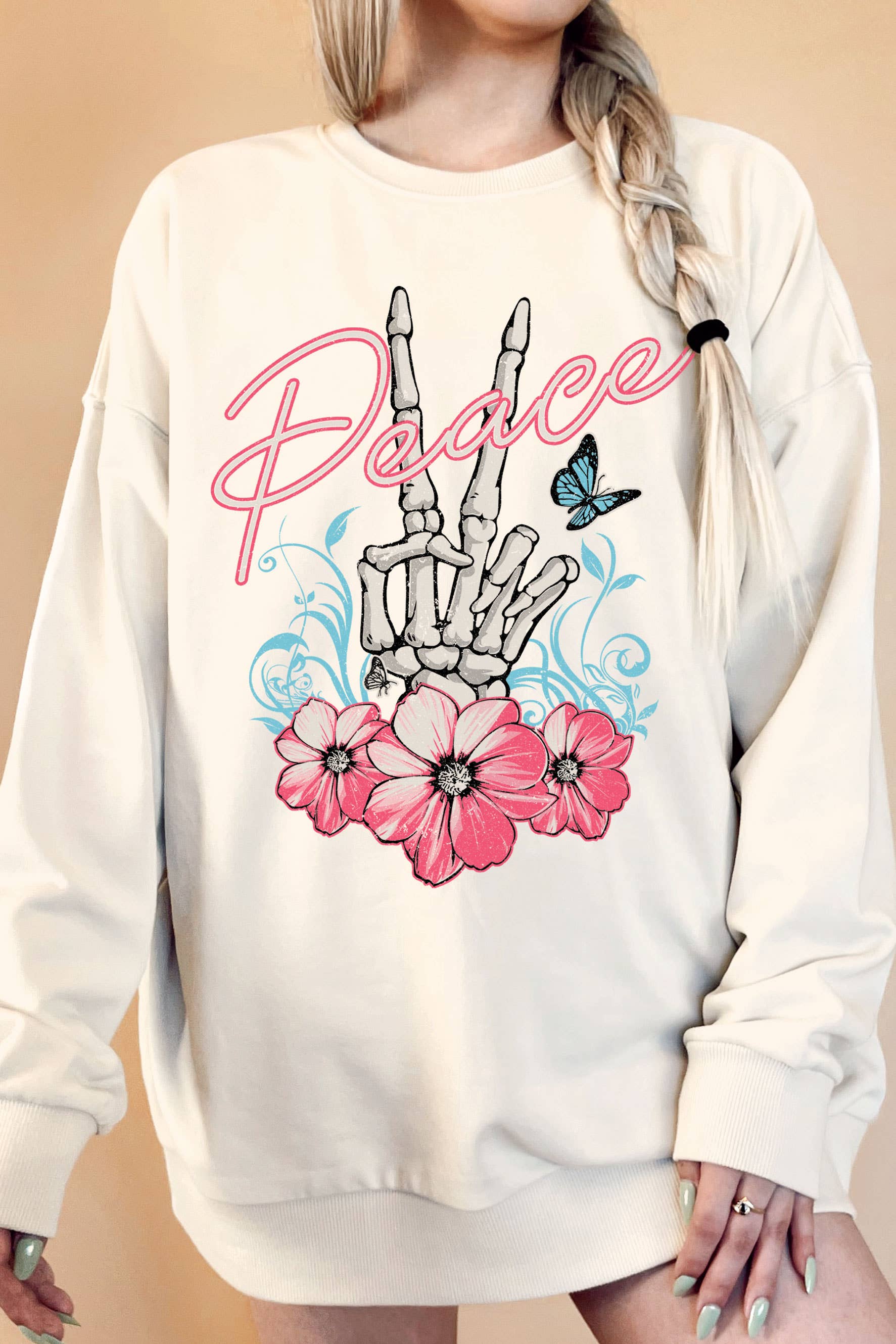 Peace Skeleton with Flowers Oversized Terry - Adult & Kids T-Shirts, Sweatshirts & Hoodies apparel design preview 1