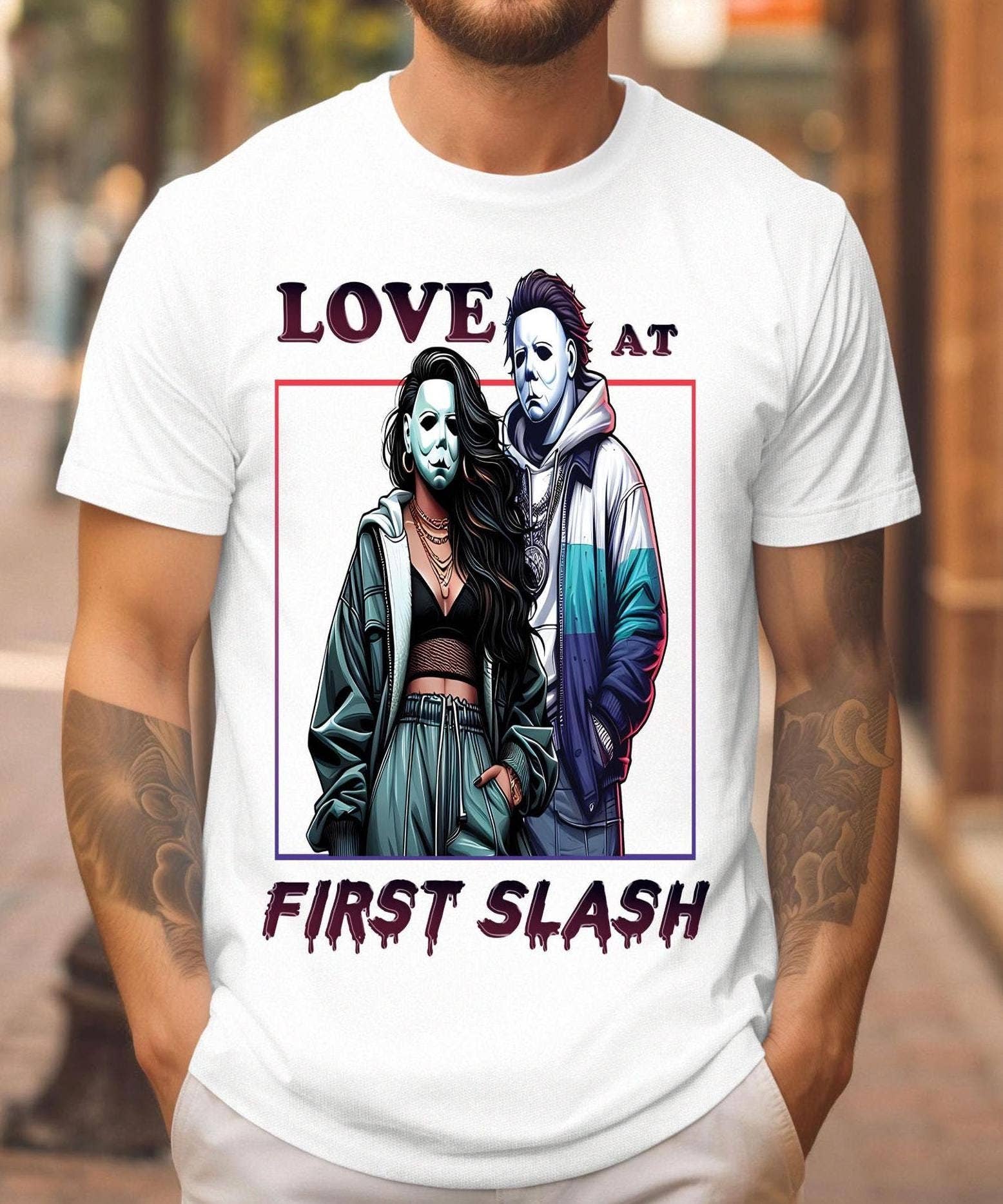 Love At First Slash Michael Myers Halloween For Wome - Adult & Kids T-Shirts, Sweatshirts & Hoodies apparel design preview 1