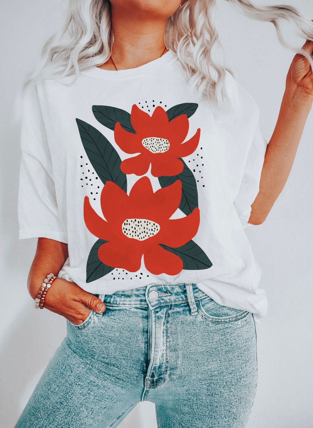 Boho Red Flowers and Leaves Botanical - Adult & Kids T-Shirts, Sweatshirts & Hoodies apparel design preview 1