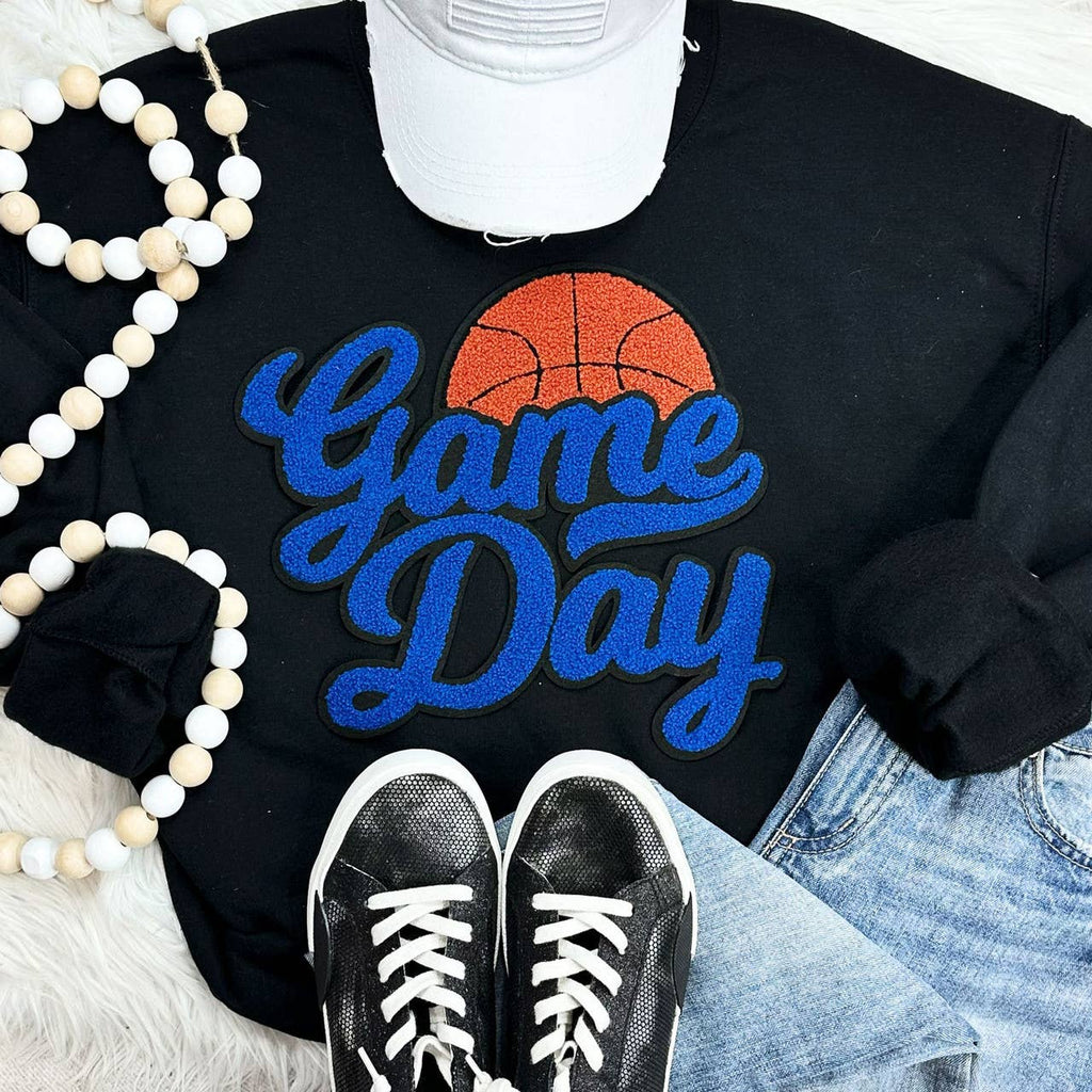 Basketball Royal Game Day Chenille Patch Crewneck - Adult & Kids T-Shirts, Sweatshirts & Hoodies apparel design preview 1