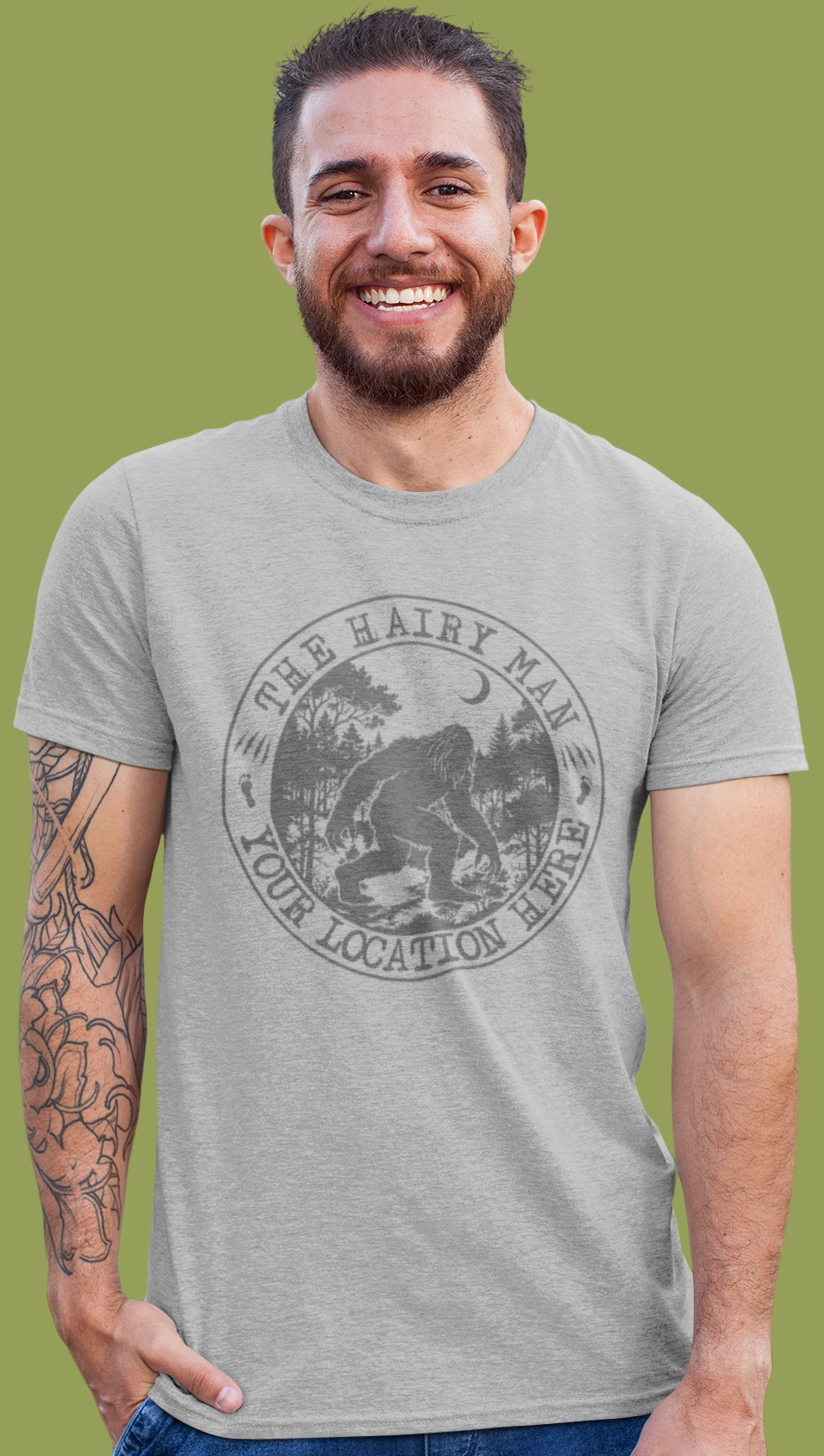 Bigfoot Hairy Man Gray Customize Add Your Location - Adult & Kids T-Shirts, Sweatshirts & Hoodies apparel design preview 1