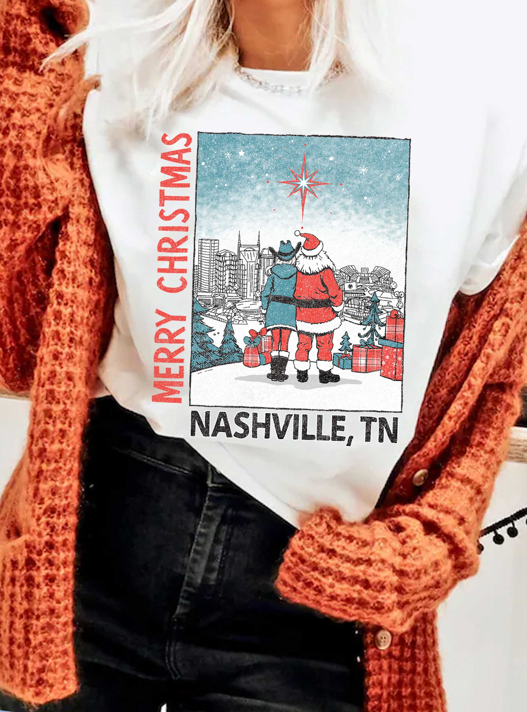 Nashville Merry Christmas Santa Graphic - Adult & Kids T-Shirts, Sweatshirts & Hoodies apparel design preview 1