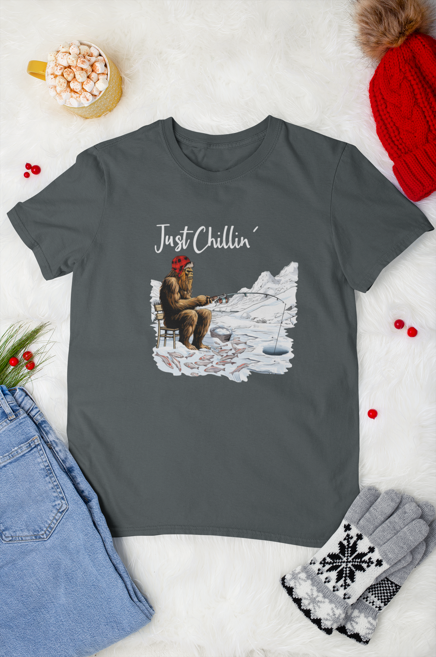 Bigfoot Ice Fishing Customizable with Location - Adult & Kids T-Shirts, Sweatshirts & Hoodies apparel design preview 1