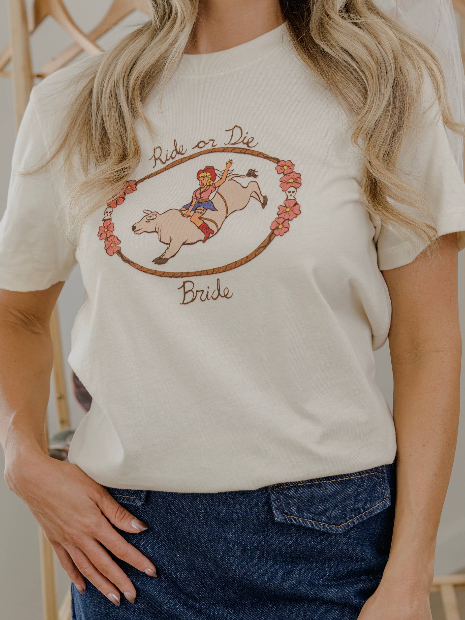Ride or Die Bride Cowgirl Vintage White Ellie Perfect - Adult & Kids T-Shirts, Sweatshirts & Hoodies apparel design preview 1