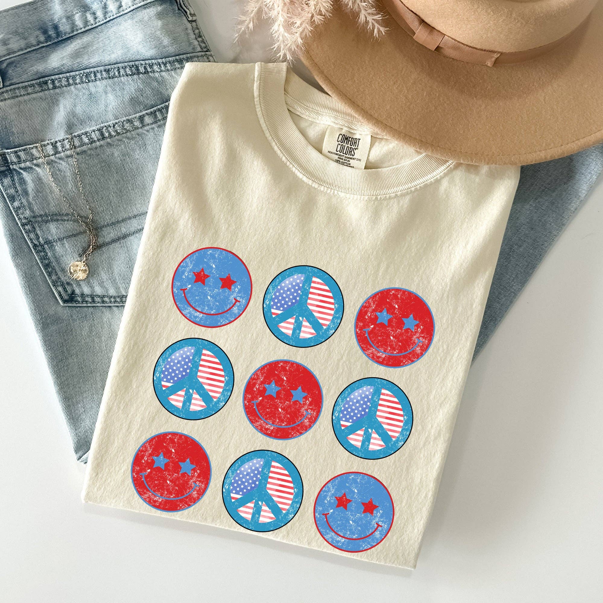 Retro Patriotic Smiley, Flag, America Peace - Adult & Kids T-Shirts, Sweatshirts & Hoodies apparel design preview 1