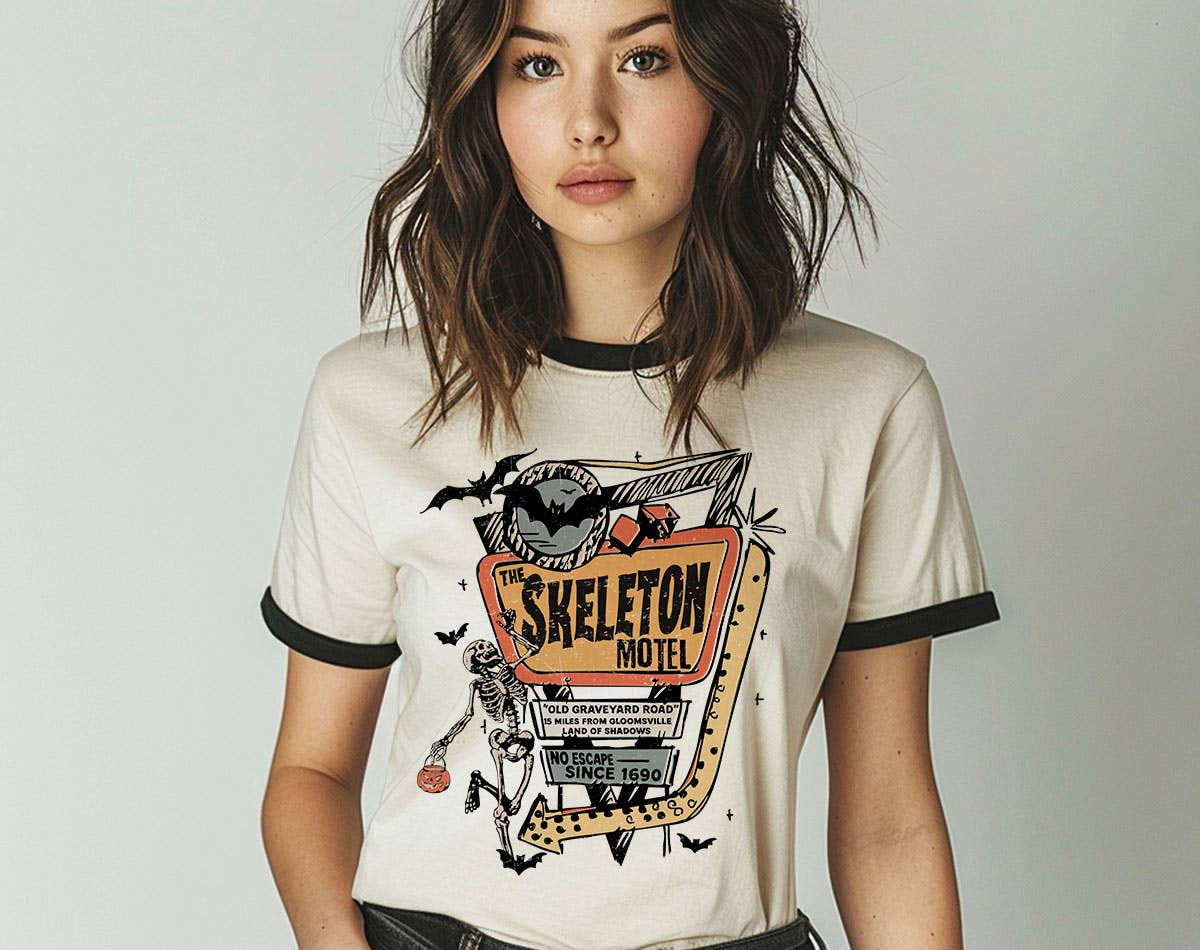 The Skeleton Motel Halloween Bat Retro Ringer - Adult & Kids T-Shirts, Sweatshirts & Hoodies apparel design preview 1