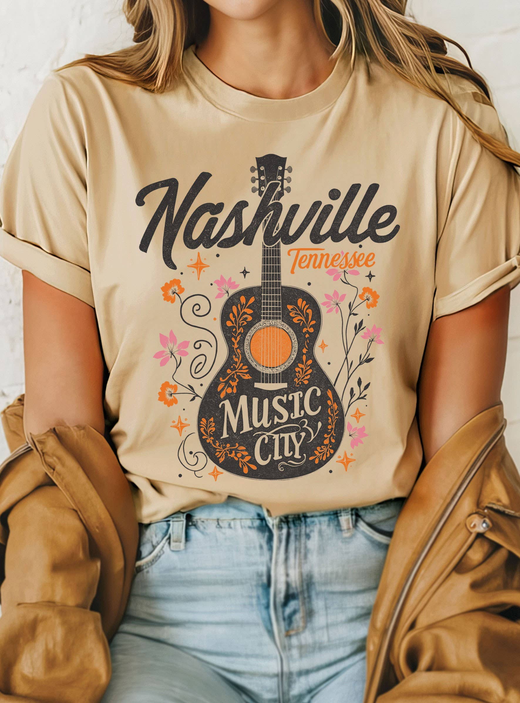 Nashville Music City Floral Guitar Graphic - Adult & Kids T-Shirts, Sweatshirts & Hoodies apparel design preview 1