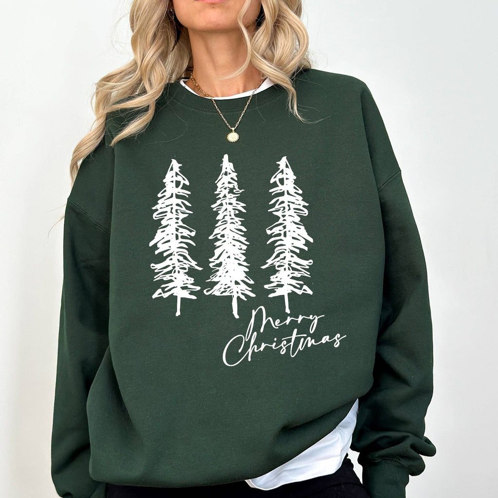 Merry Christmas, Sketched Pine Trees, Minimalist - Adult & Kids T-Shirts, Sweatshirts & Hoodies apparel design preview 1
