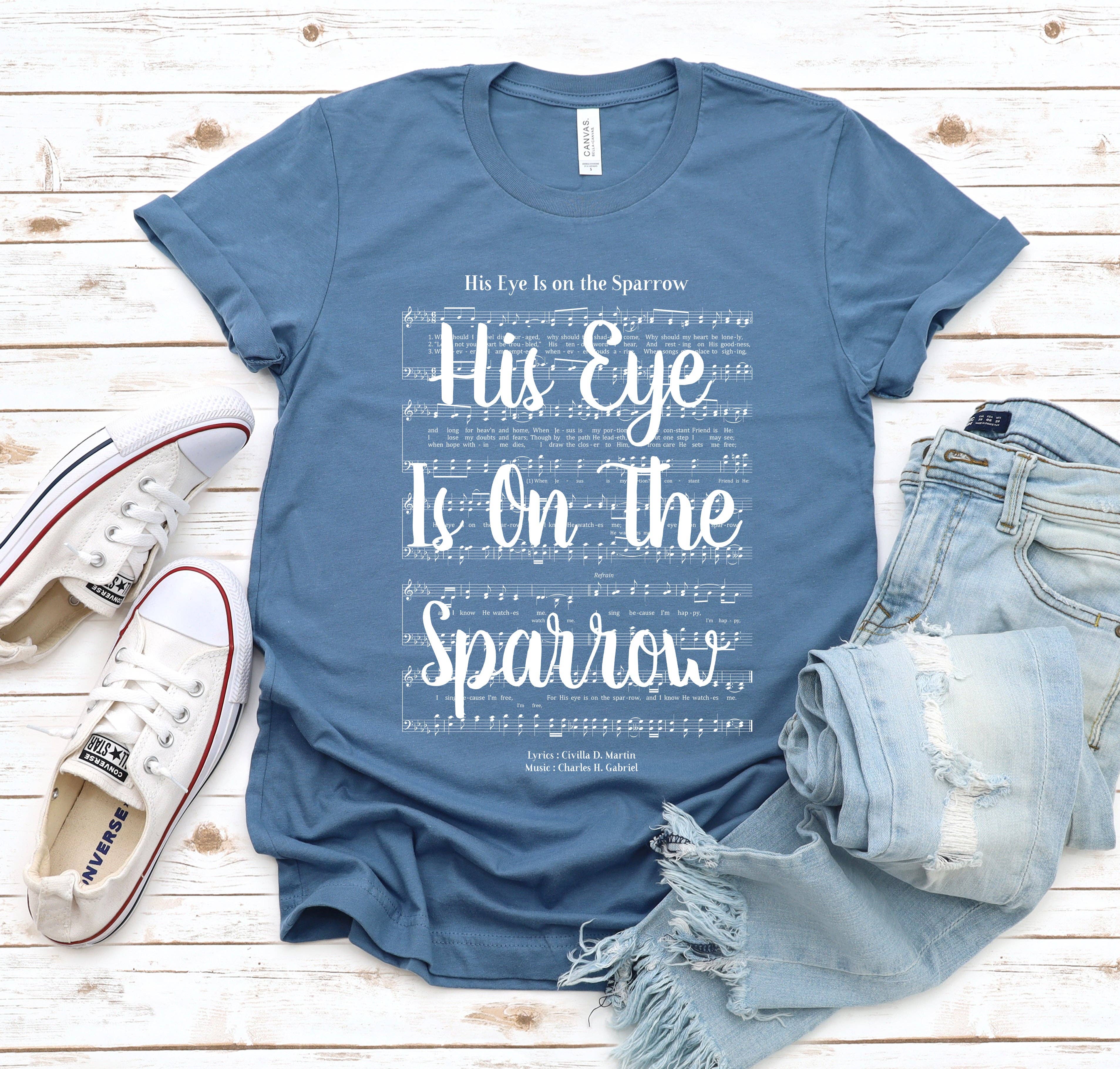 His Eye Is On the Sparrow Hymn White Ink - Adult & Kids T-Shirts, Sweatshirts & Hoodies apparel design preview 1