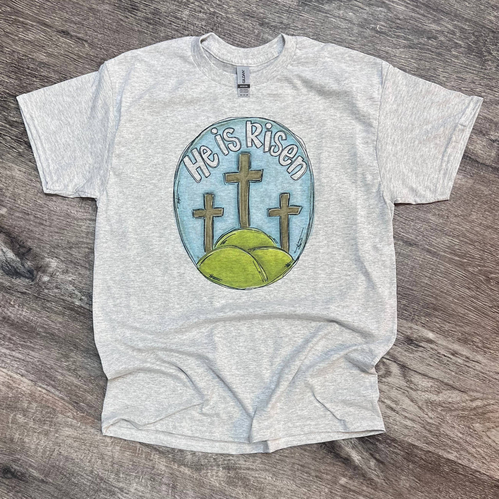 He Is Risen Three Crosses On Ash Gray - Adult & Kids T-Shirts, Sweatshirts & Hoodies apparel design preview 1