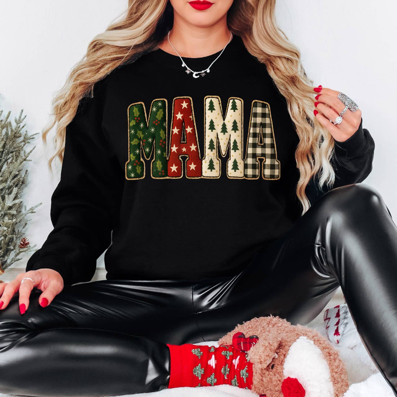 Patterned Christmas Mama Faux Embroidery - Adult & Kids T-Shirts, Sweatshirts & Hoodies apparel design preview 1
