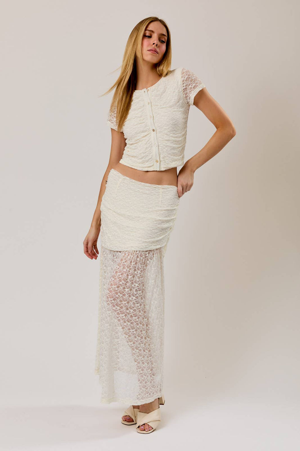 Ruched Asymmetrical Drop Waist Lace Midi Skirt - Adult & Kids T-Shirts, Sweatshirts & Hoodies apparel design preview 1