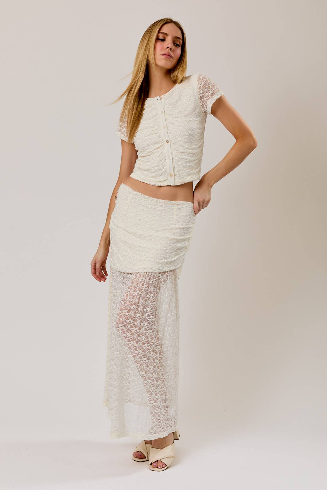 Ruched Asymmetrical Drop Waist Lace Midi Skirt - Adult & Kids T-Shirts, Sweatshirts & Hoodies apparel design preview 1