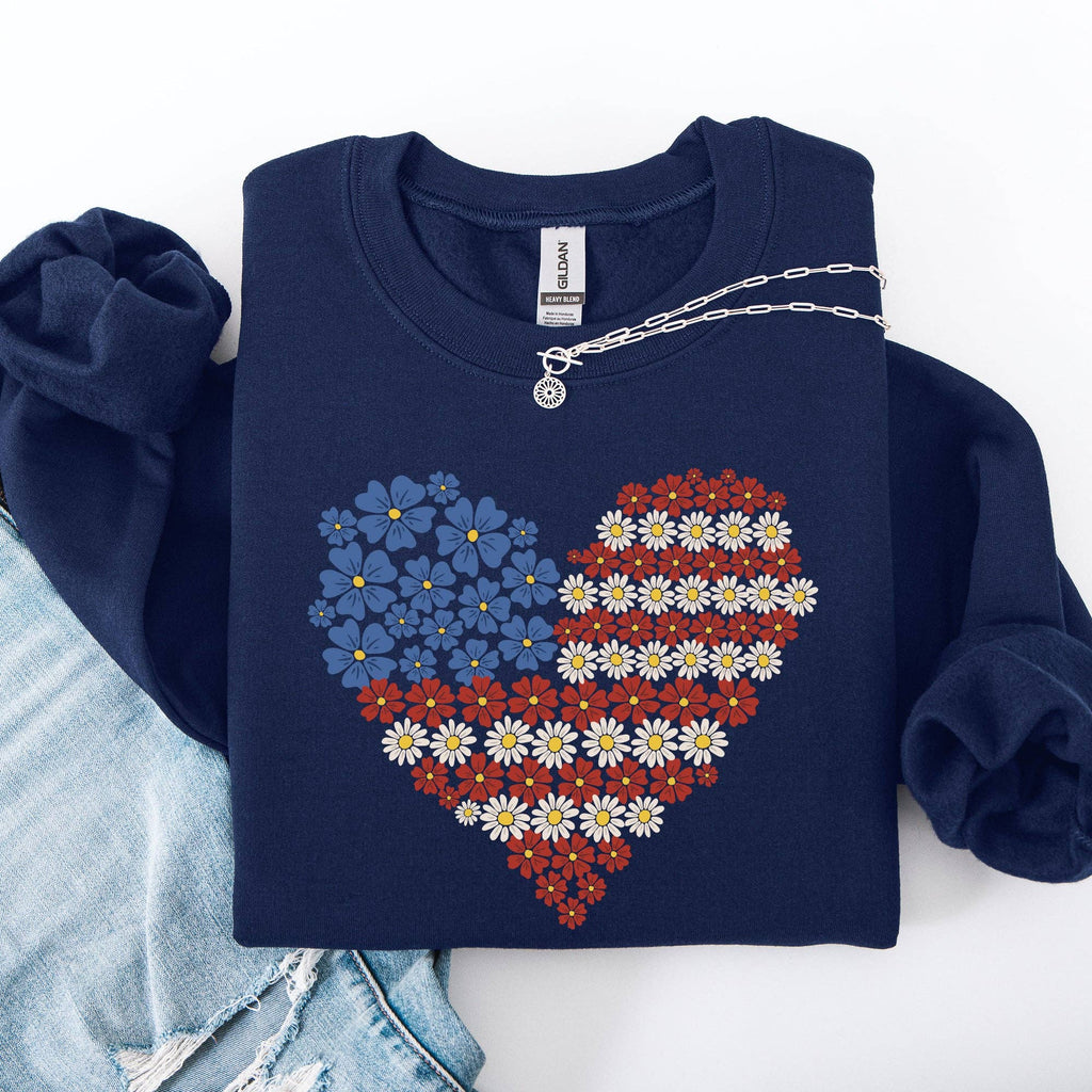 Floral Heart, Patriotic, USA, America 4th of July - Adult & Kids T-Shirts, Sweatshirts & Hoodies apparel design preview 1