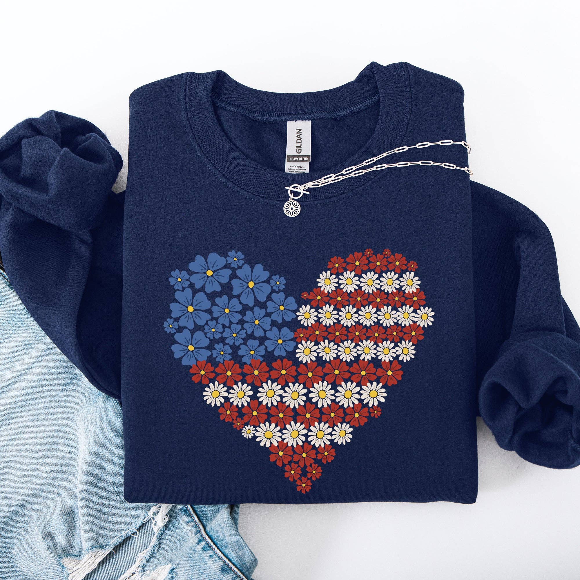 Floral Heart, Patriotic, USA, America 4th of July - Adult & Kids T-Shirts, Sweatshirts & Hoodies apparel design preview 1