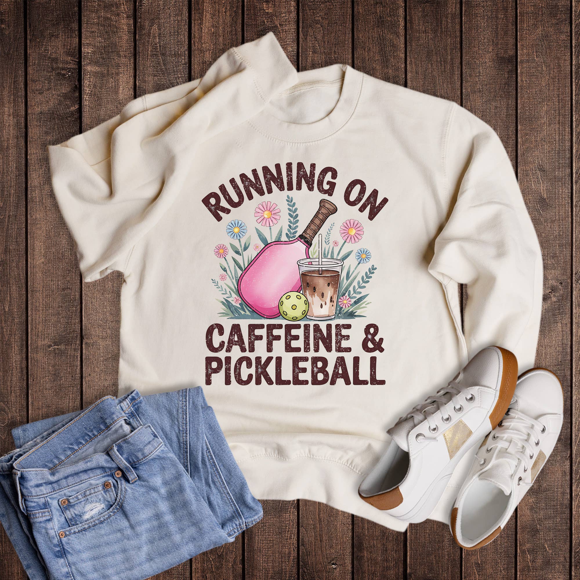 Running On Caffeine and Pickleball - Adult & Kids T-Shirts, Sweatshirts & Hoodies apparel design preview 1