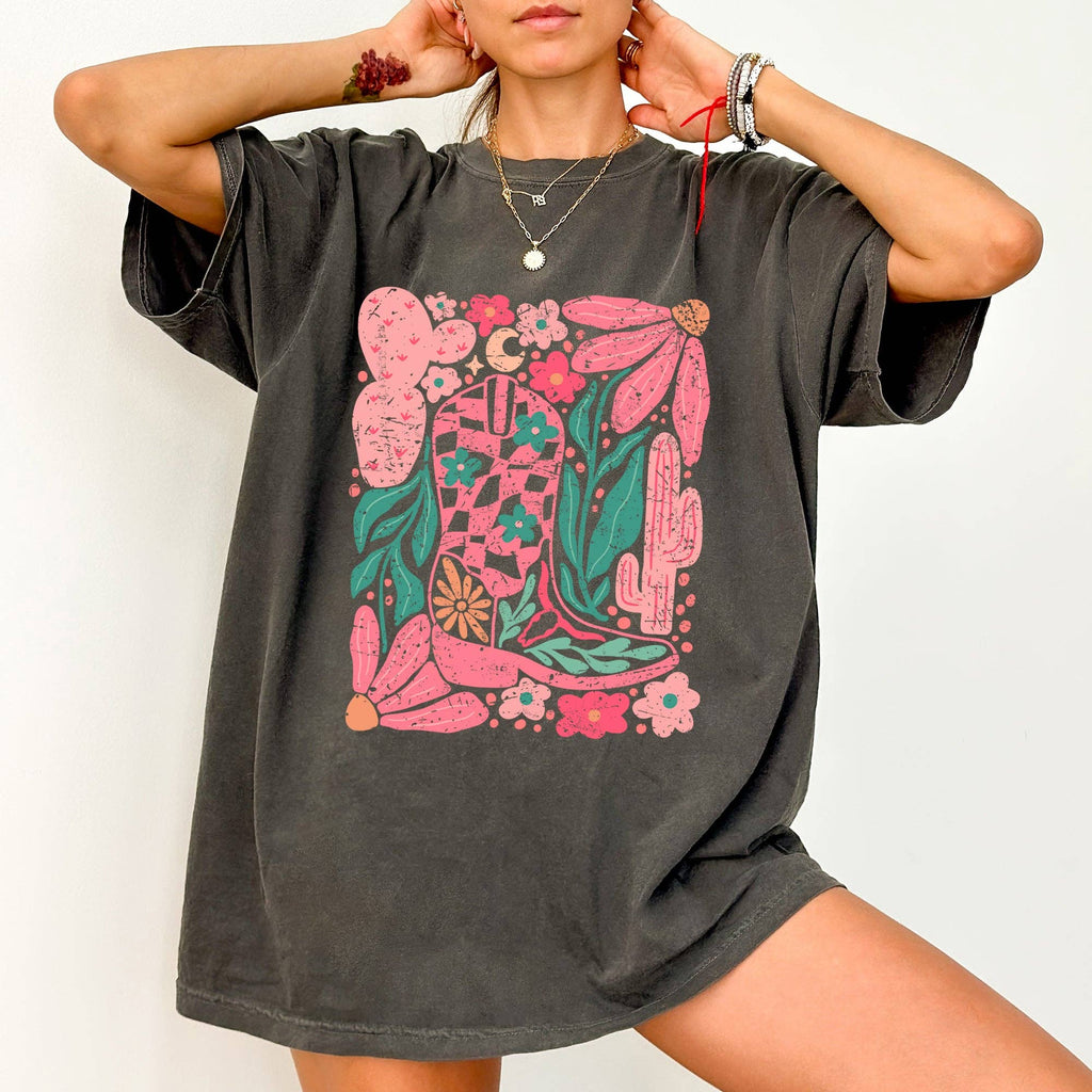 Boho Floral Cowboy Boots, Colorful, Western, Country - Adult & Kids T-Shirts, Sweatshirts & Hoodies apparel design preview 1
