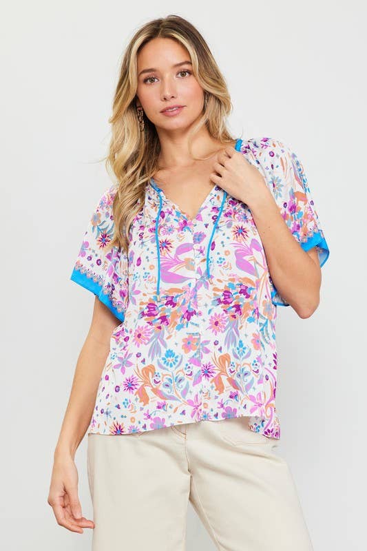 Floral Print Tie-Neck Blouse - Adult & Kids T-Shirts, Sweatshirts & Hoodies apparel design preview 1