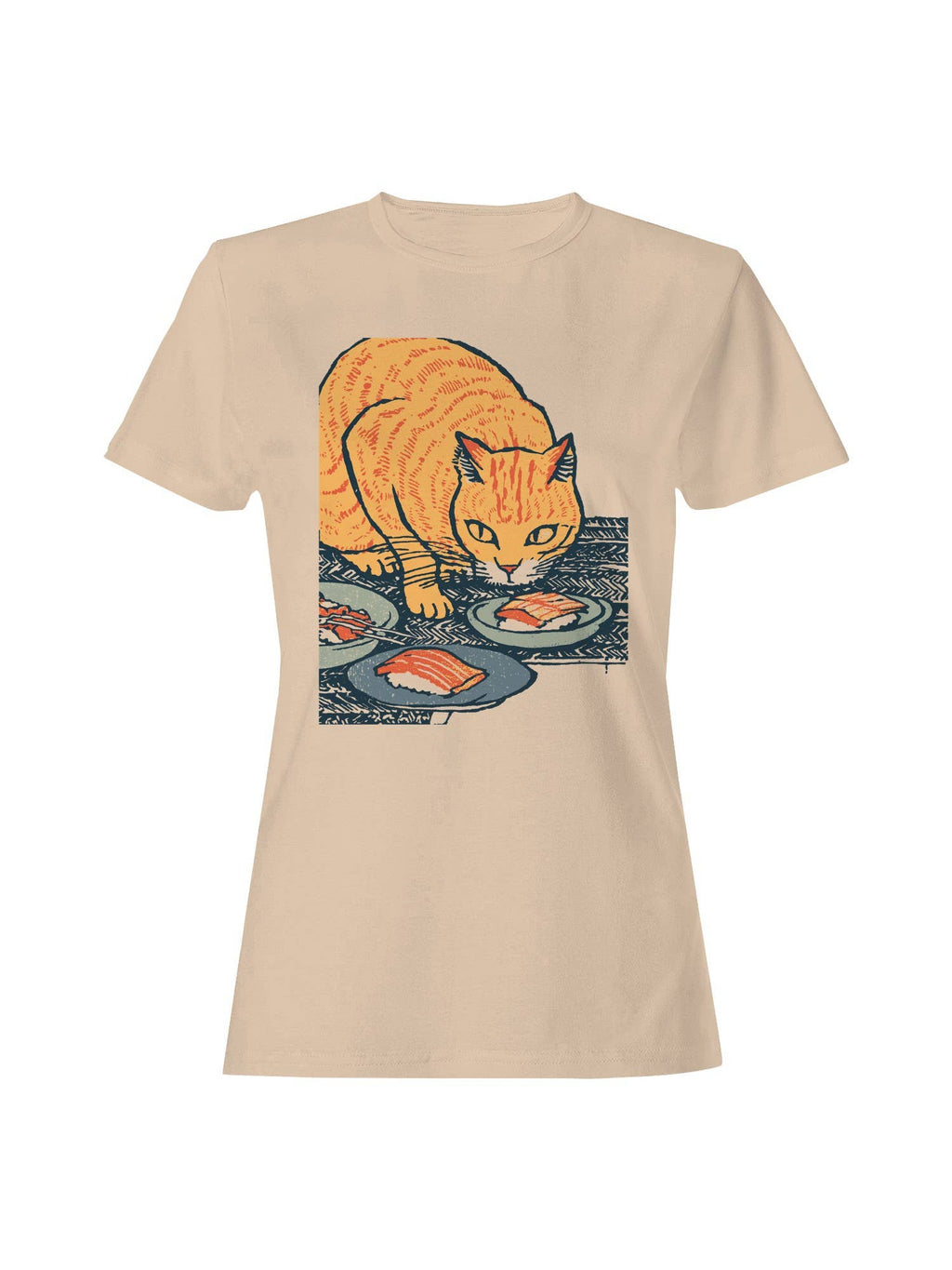 Curious Cat Enjoys Sushi Delight Women's - Adult & Kids T-Shirts, Sweatshirts & Hoodies apparel design preview 1