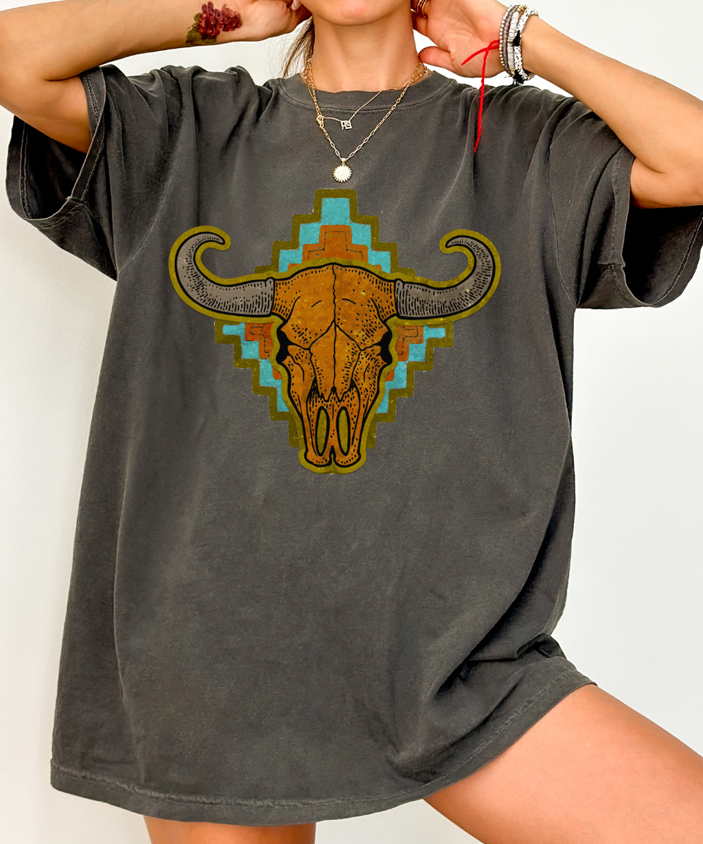 Southwestern Cow Skull Comfort Color Pepper - Adult & Kids T-Shirts, Sweatshirts & Hoodies apparel design preview 1